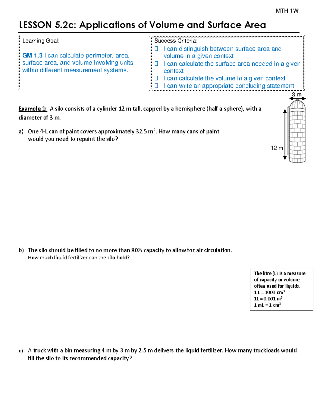 5.3c - Applications of Volume and Surface Area - MTH 1W LESSON 5 ...