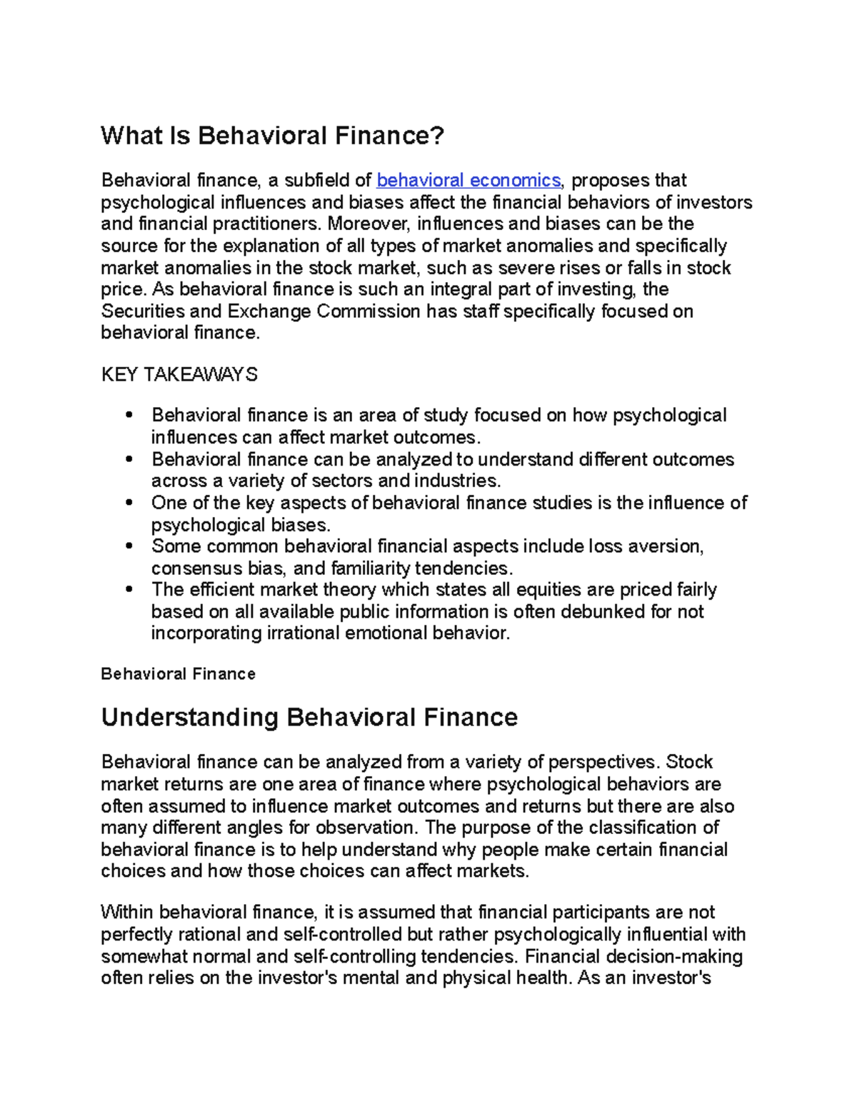Bahavioral Finance - What Is Behavioral Finance? Behavioral finance, a ...