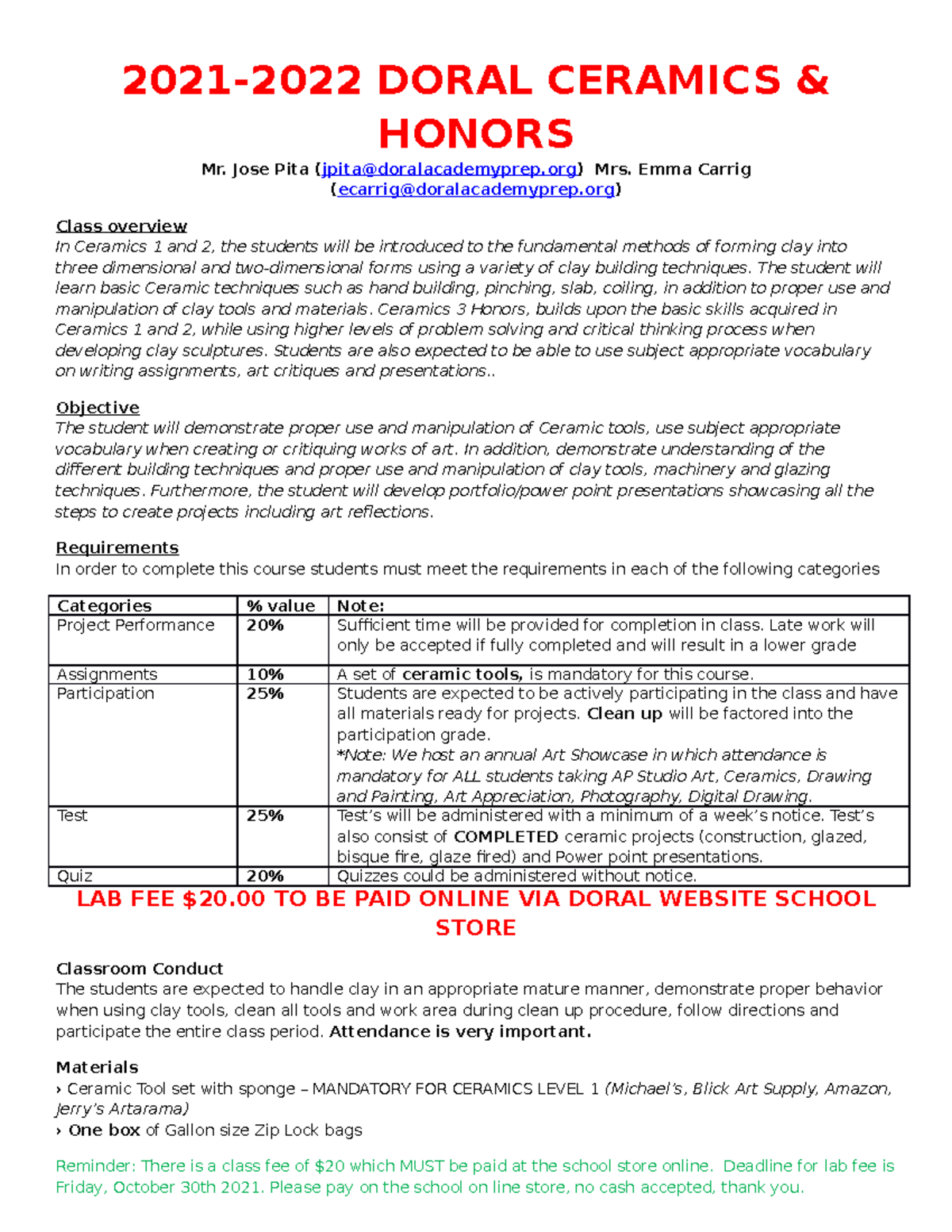 Ceramic Syllabus 20212022 20212022 DORAL CERAMICS & HONORS Mr. Jose