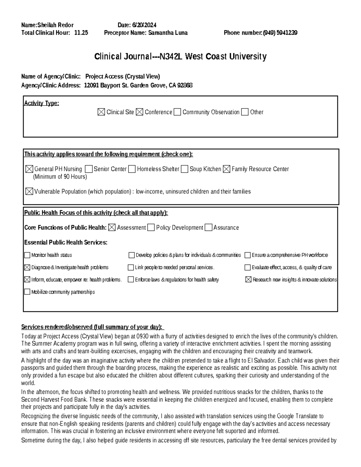 Clinical Journal N 342L Week2 - Name:Sheilah Redor Date: 6/20/ Total ...