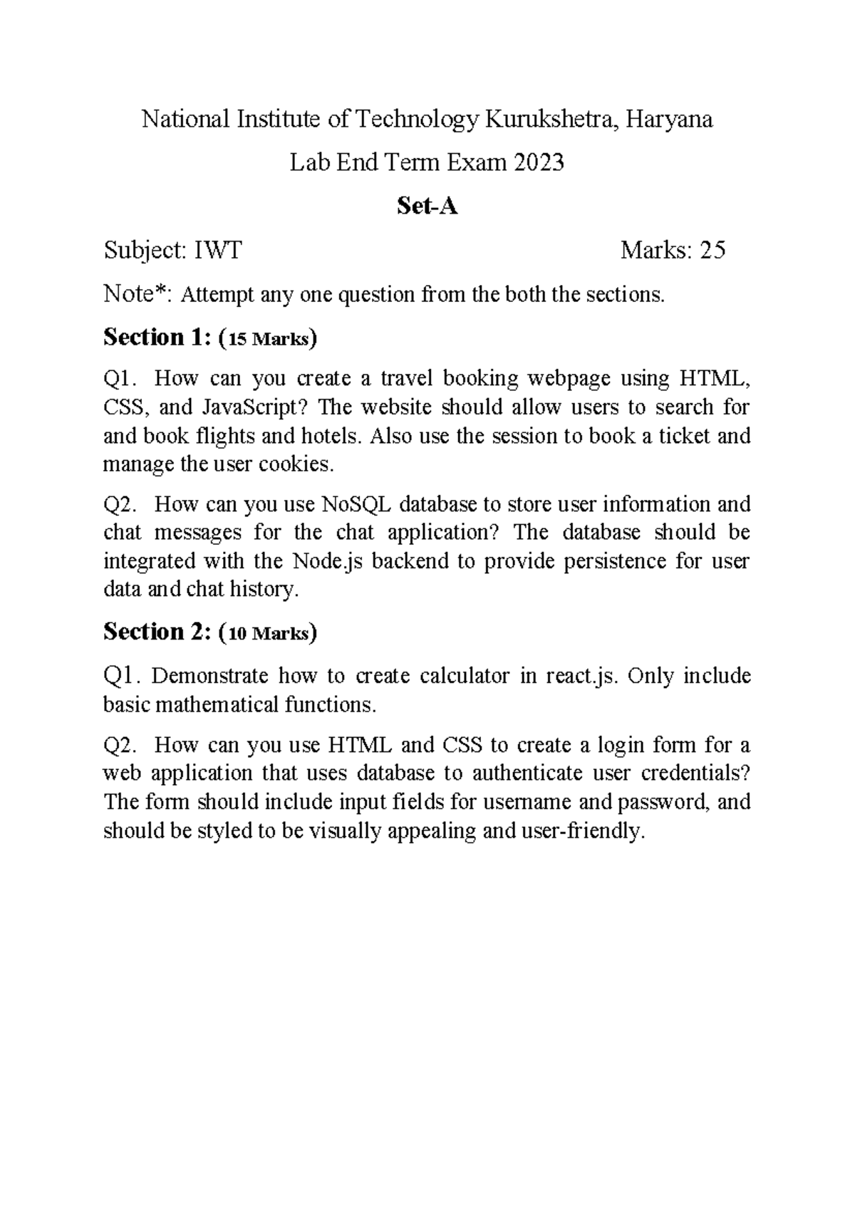 IWT questions - Lab End Term Exam 2023 Set-A Subject: IWT Marks: 25 ...