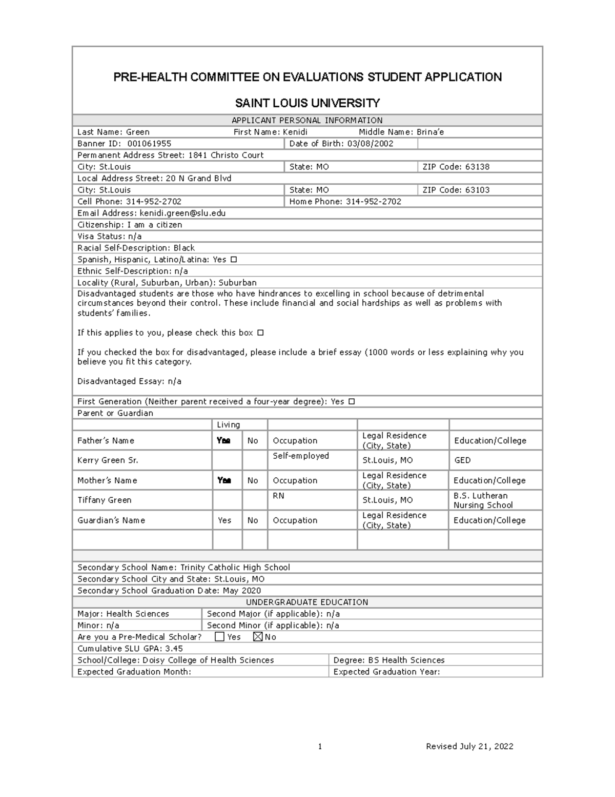 Committee Application Revised 20221 SAINT LOUIS UNIVERSITY APPLICANT