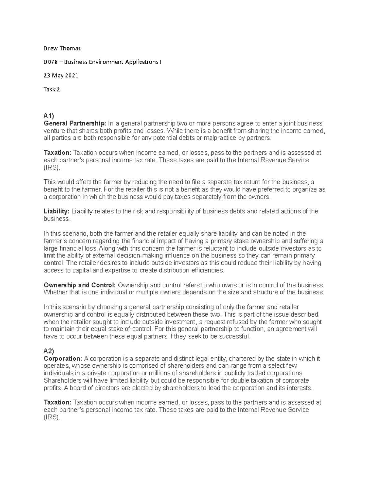 Task 2 - Grade: Pass - Drew Thomas D078 – Business Environment ...
