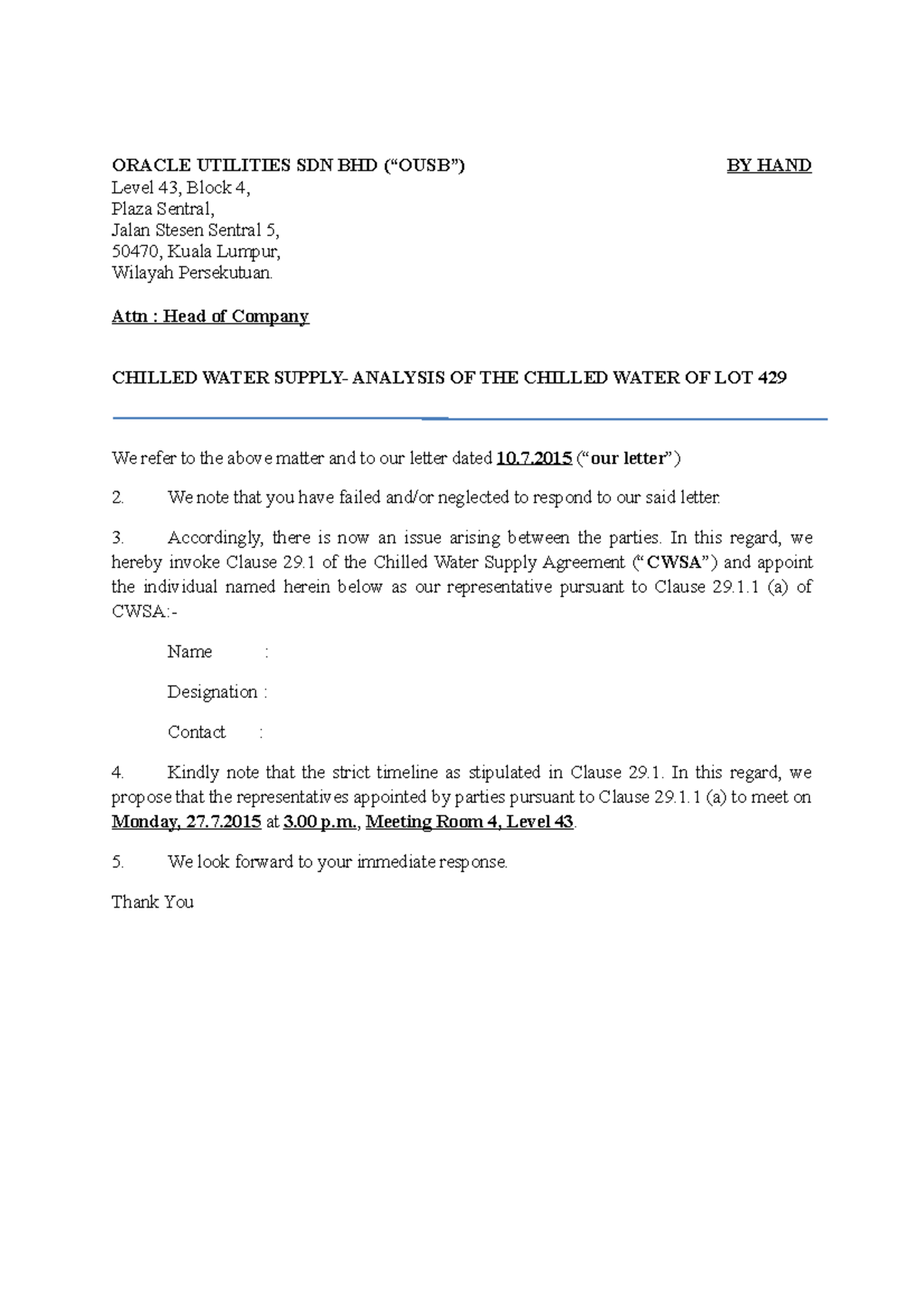 ExampleLetter before actionL2OWLetters ORACLE UTILITIES SDN BHD (“OUSB”) BY HAND Level 43