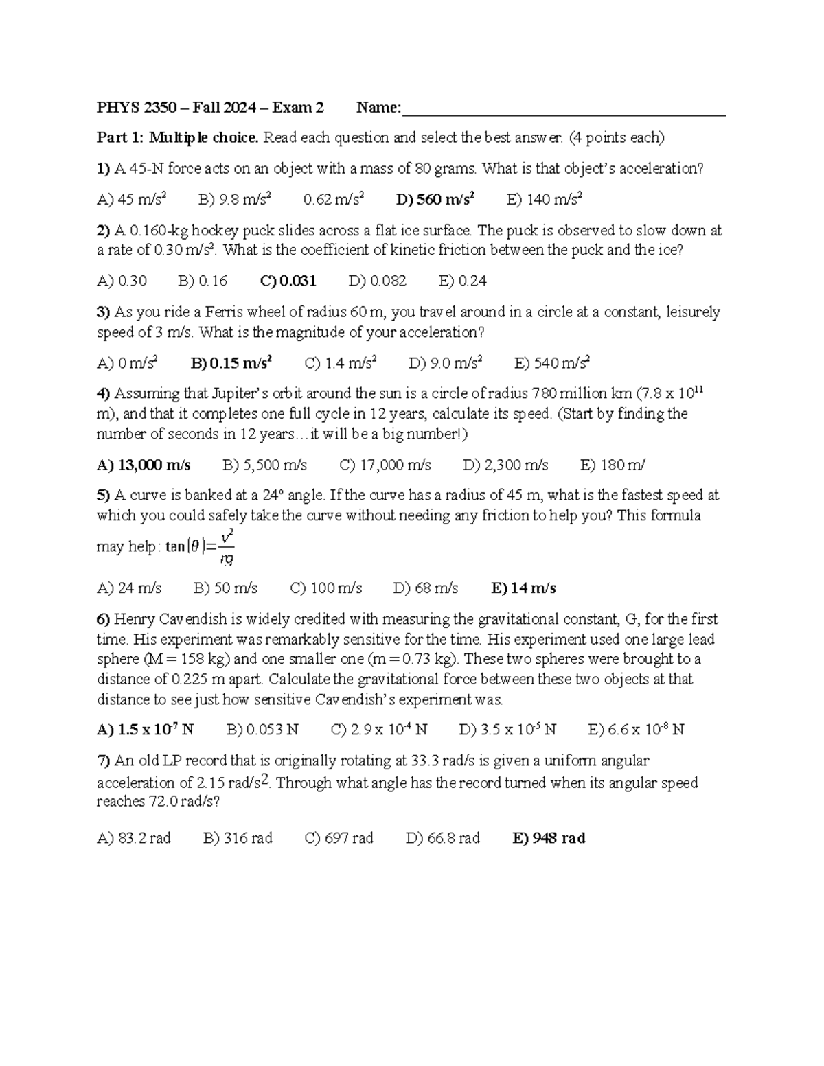 2350 Exam2 Answers - Summary General Physics I/Lab - PHYS 2350 – Fall ...