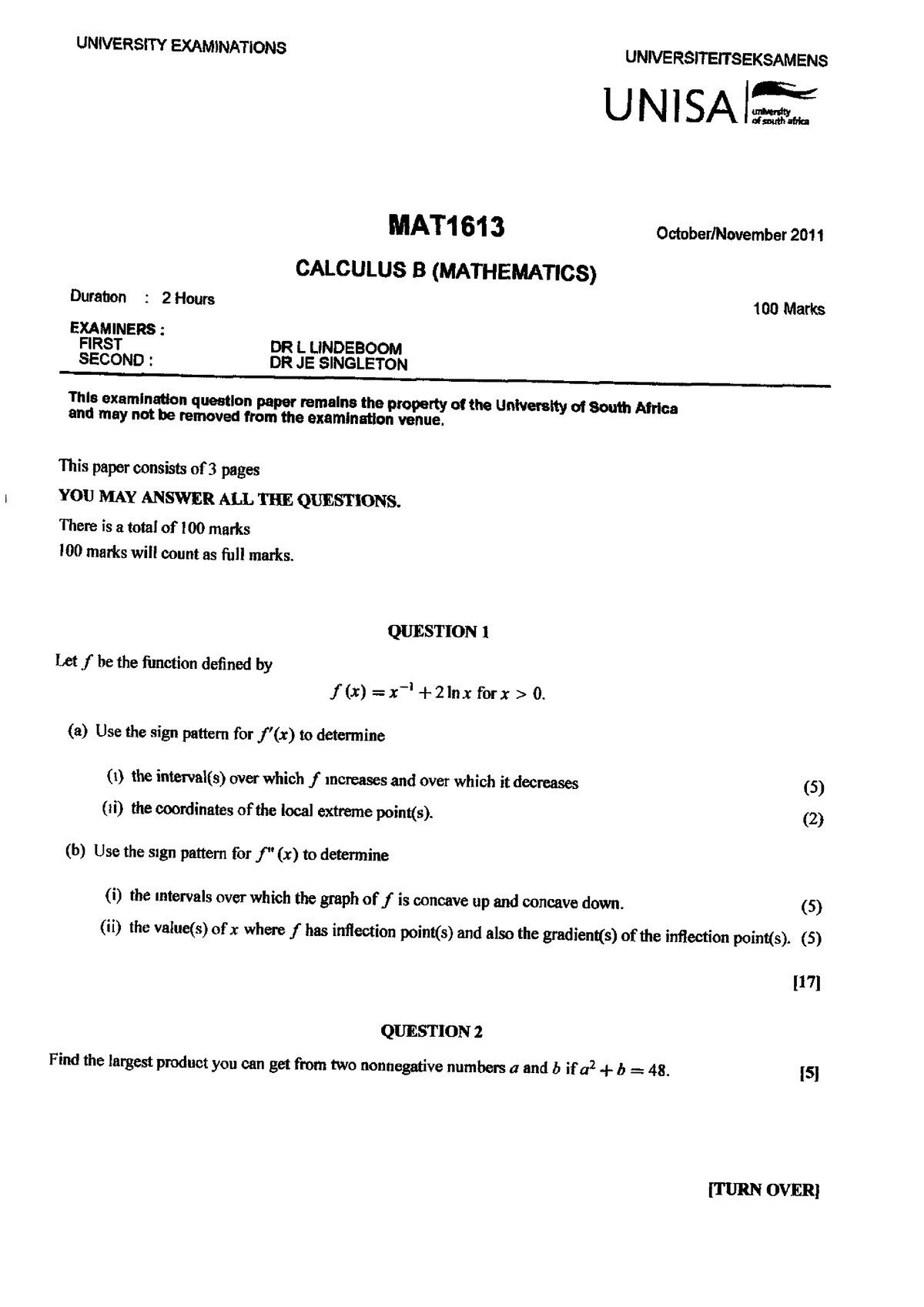 MAT1613 2011 10 E 1 - Assignment - MAT1613 - Unisa - Studocu