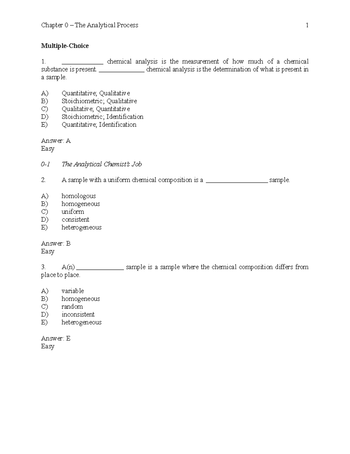 Multiple choice questions from the book quantitative chemical analysis