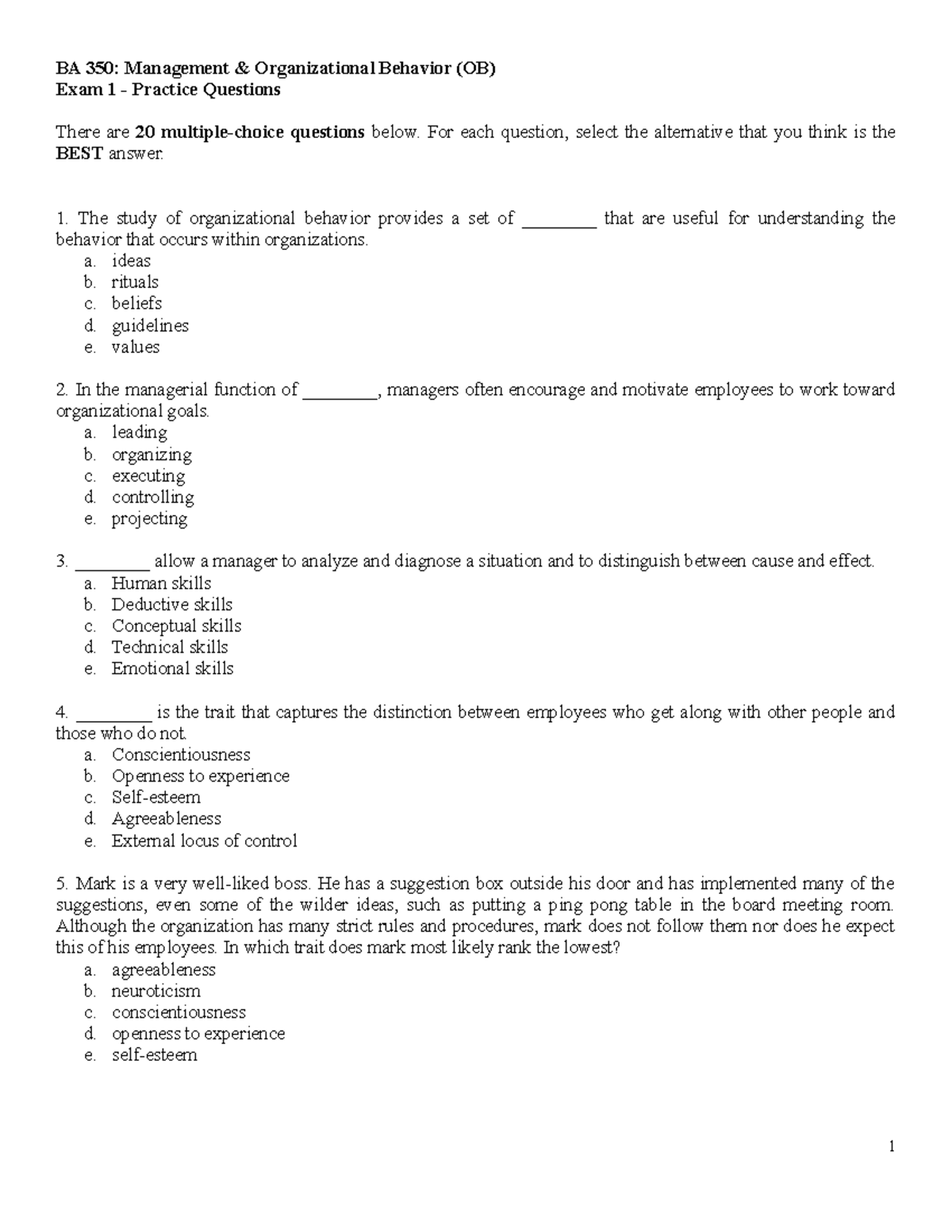 Exam 1 Practice Questions Eissa BA 350 - BA 350: Management ...