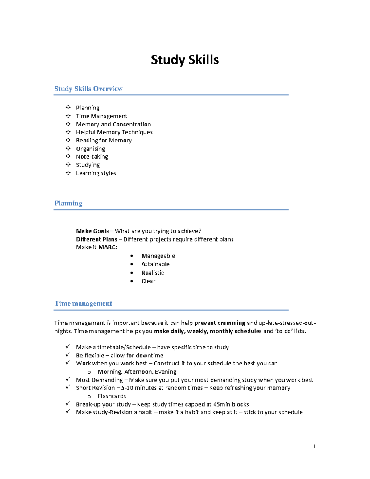 Study Skills Notes Planning Time Management Memory and Concentration