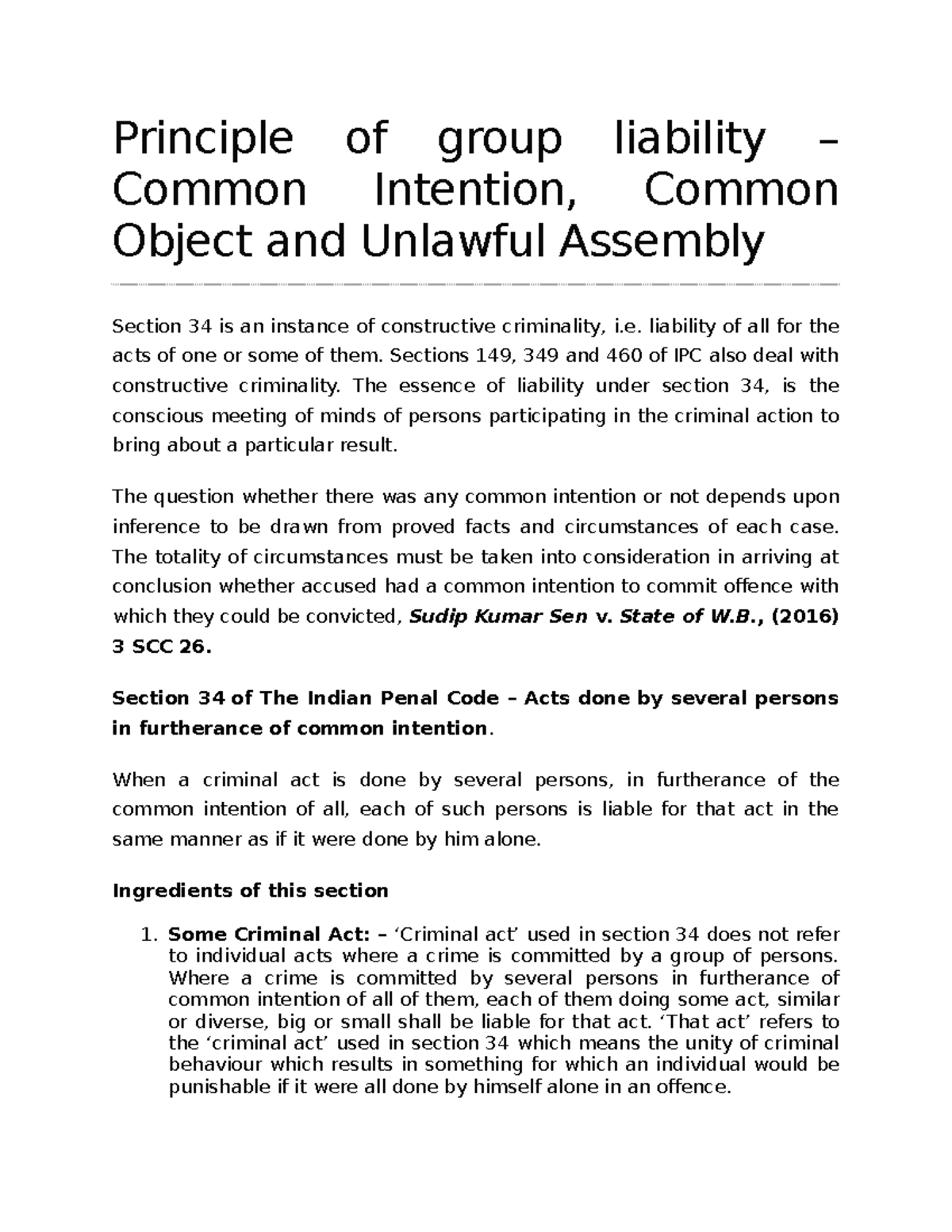 CH7 Principle of group liability Common Intention, Common Object and