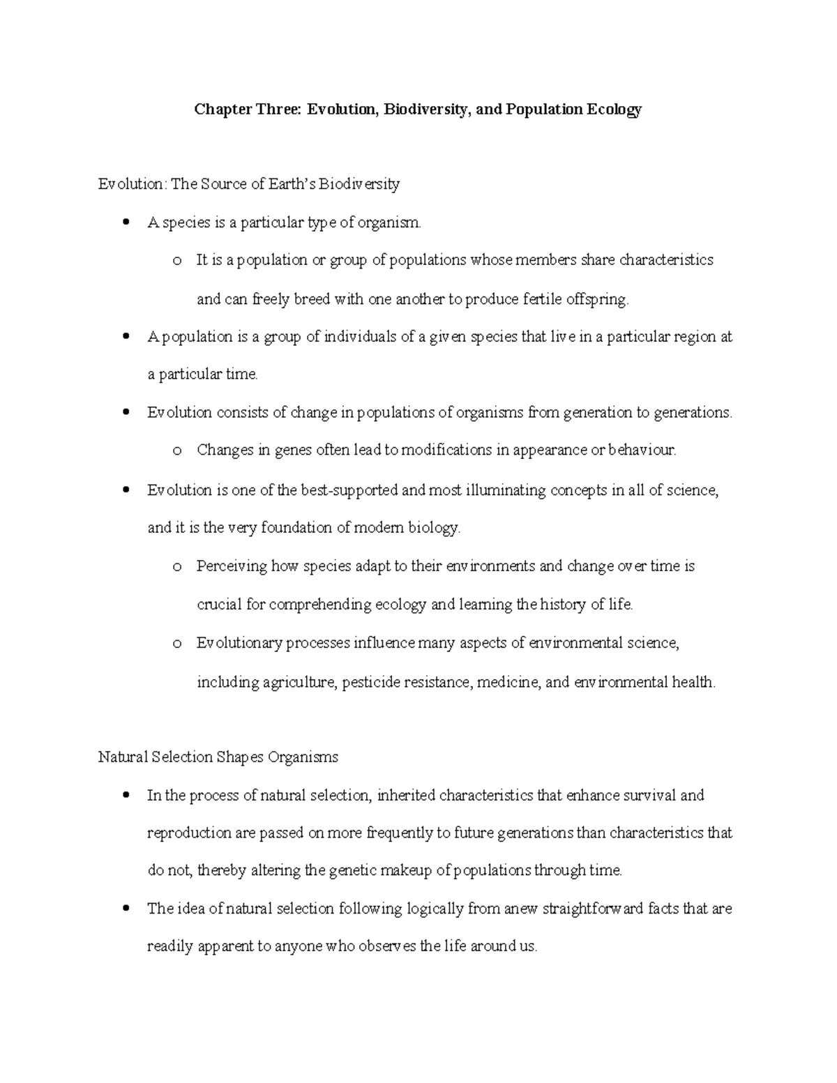 Chapter Three Evolution, Biodiversity, and Population Ecology - o It is ...