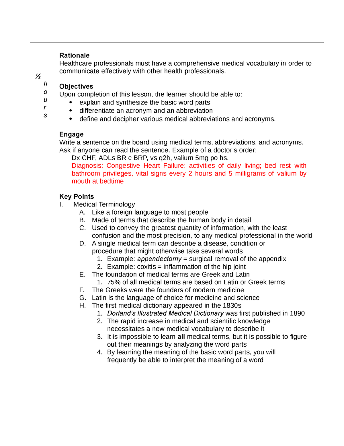 Medical terminology activity Copy - ½ h o u r s Rationale Healthcare ...