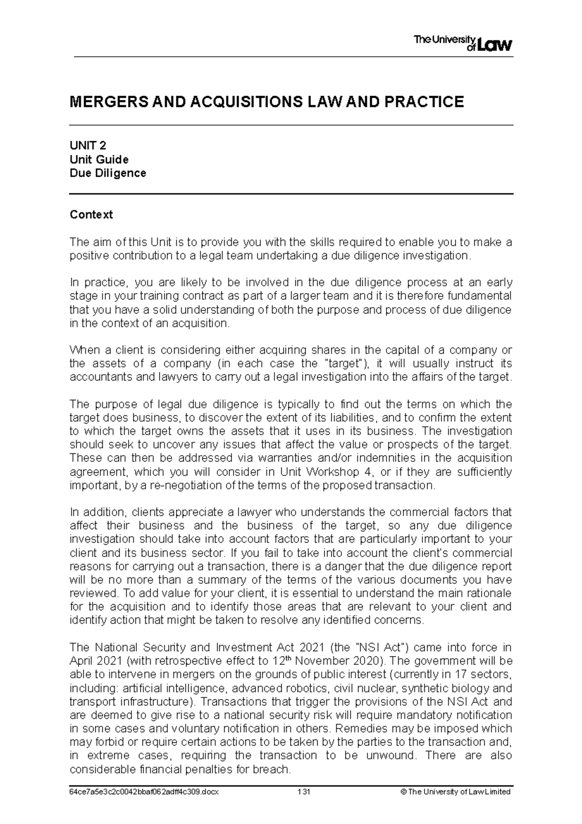 M A Workshop 2 Guide MERGERS AND ACQUISITIONS LAW AND PRACTICE UNIT 2