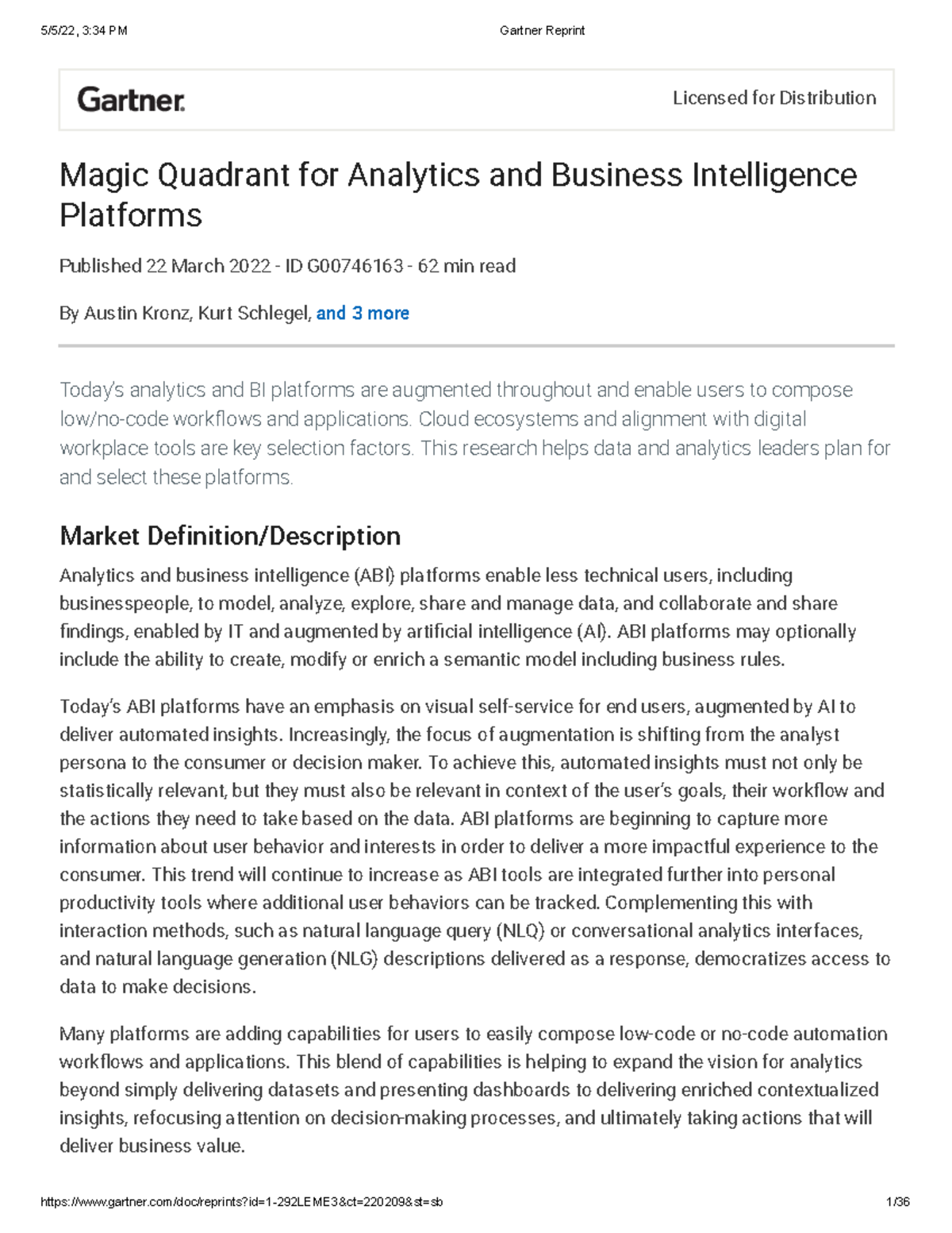 Gartner Reprint dfsaf Market Definition/Description Analytics and