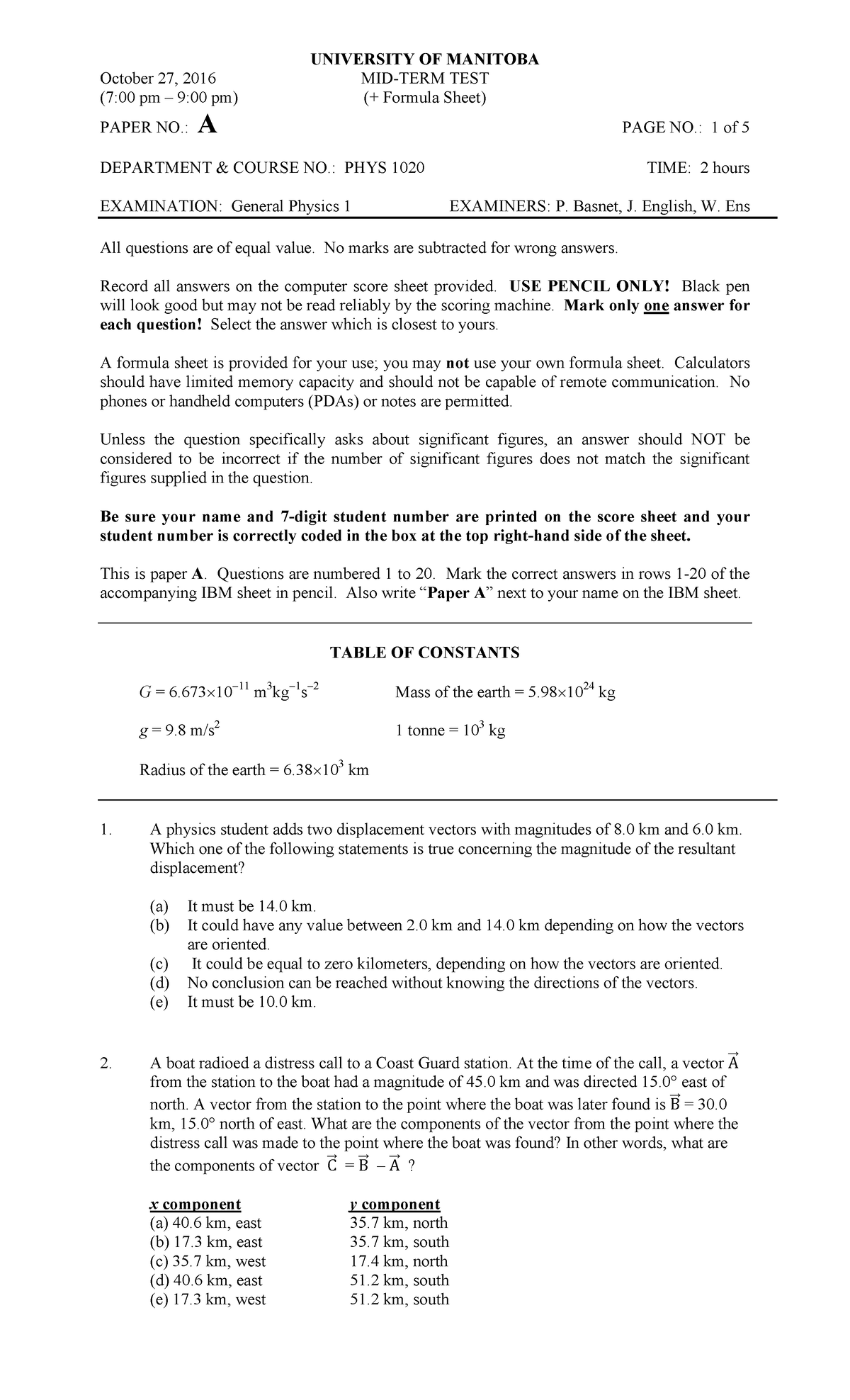 Exam 25 October 2016, questions - October 27, 2016 MID-TERM TEST (7:00 ...