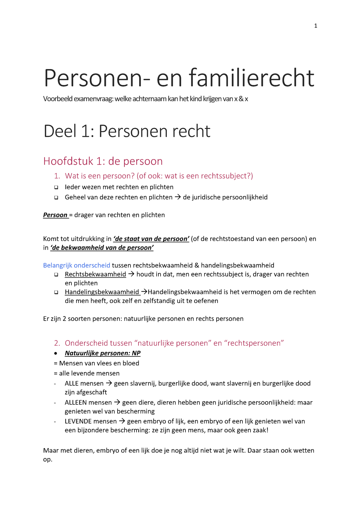 Samenvatting - Personen- En Familierecht Voorbeeld Examenvraag: Welke ...