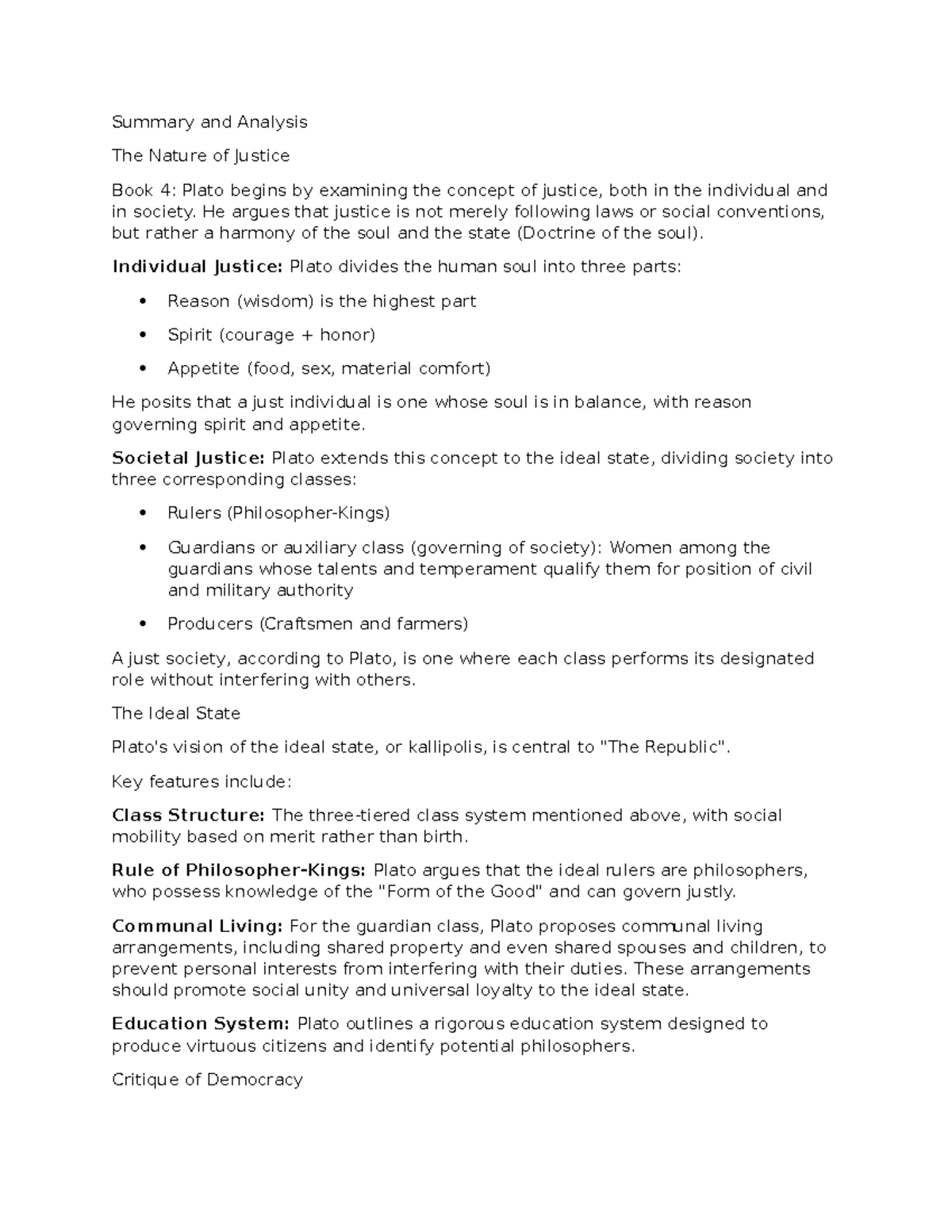 Midterm 250 - The Republic/Not for Profit - Summary and Analysis The Nature of Justice Book 4 ...