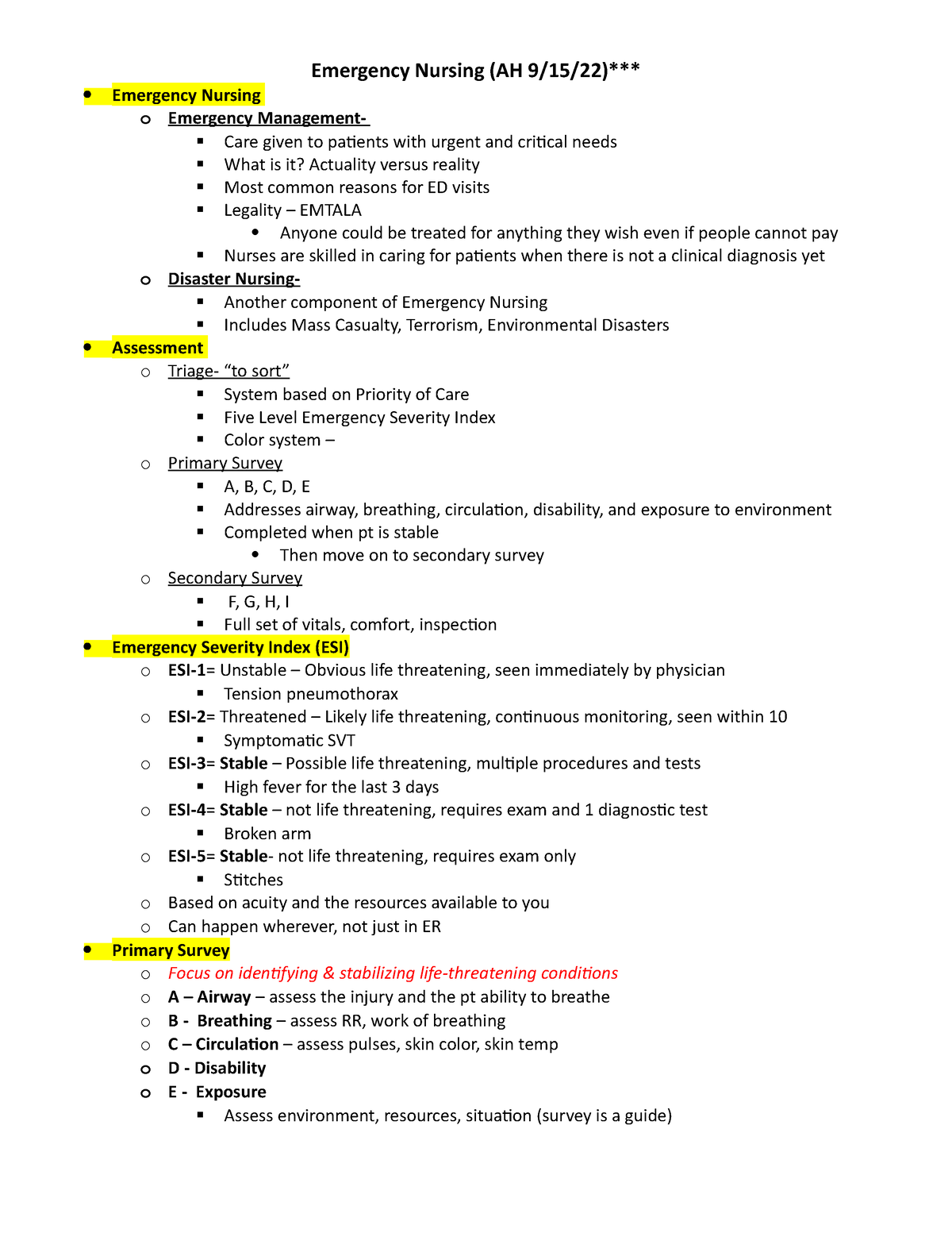 Emergency Nursing Notes - Emergency Nursing (AH 9/15/22)*** Emergency ...