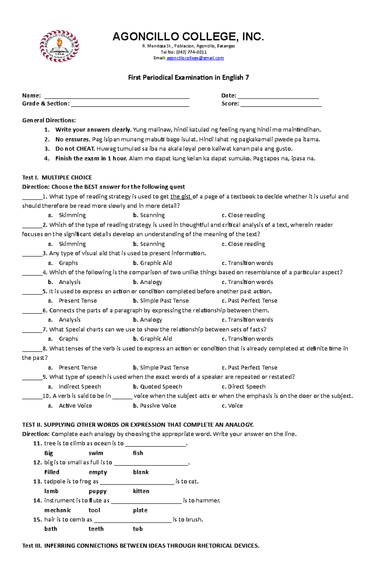 First Periodical Examination In English 7- Updated - AGONCILLO COLLEGE ...