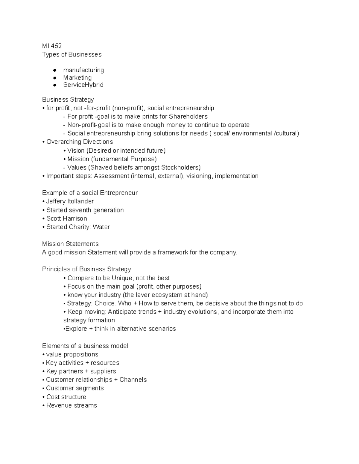 MI 452 Notes - MI 452 Types of Businesses manufacturing Marketing ...