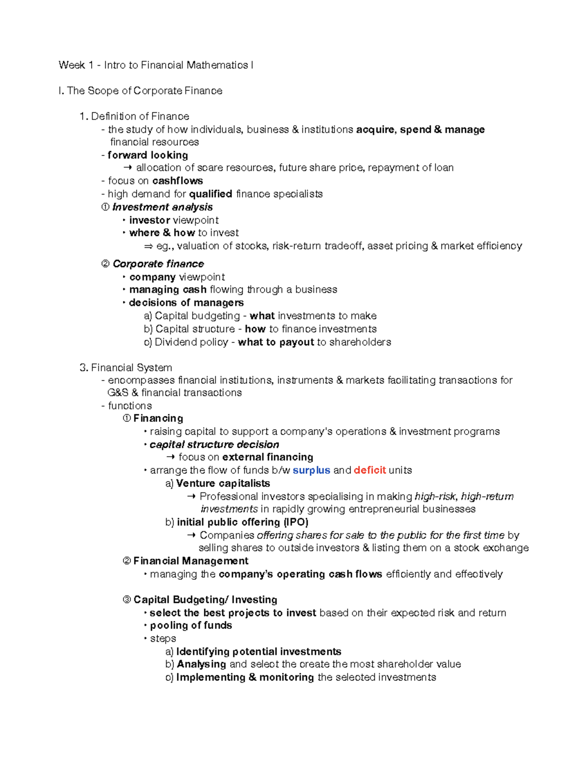 Week 1 - Principle of Finance Note - Week 1 - Intro to Financial ...