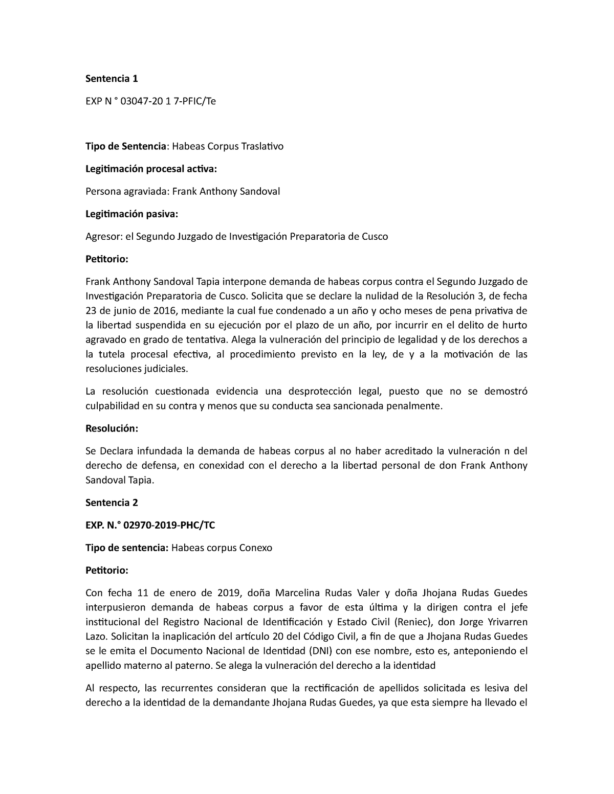 Habeas corpus - Solicita que se declare la nulidad de la Resolución 3 ...