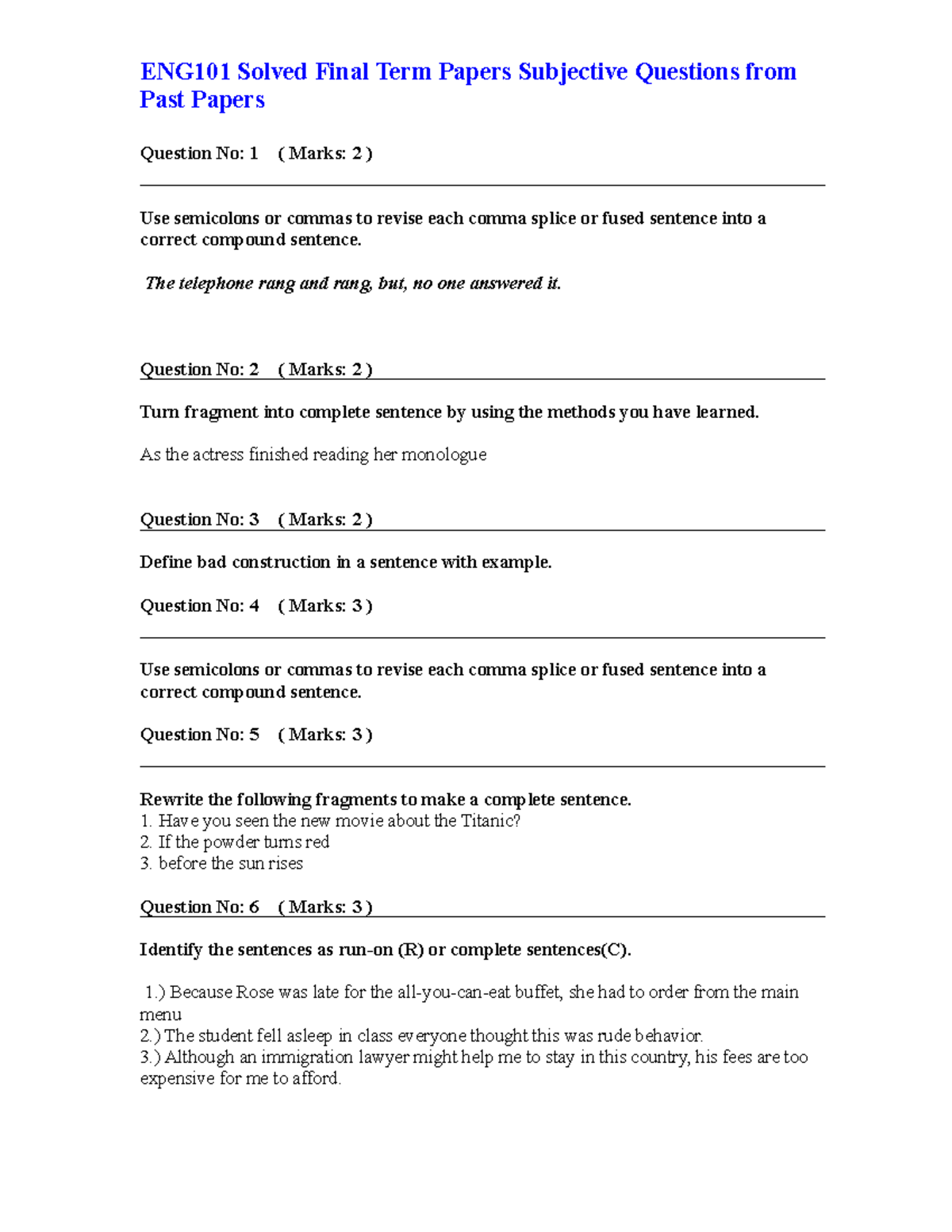 ENG101Solved Final Term Papers Subjective Questions - The telephone ...