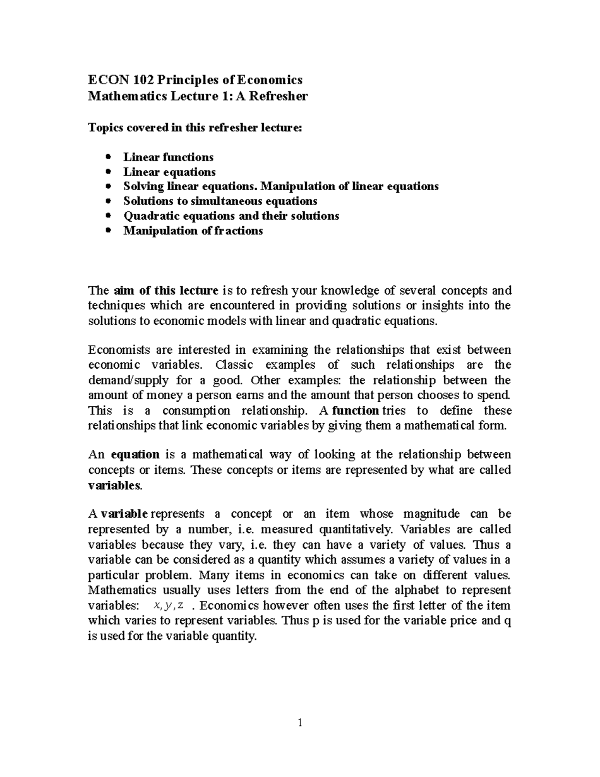 Mathematics Lecture 1 Refresher AS - ECON 102 Principles of Economics ...