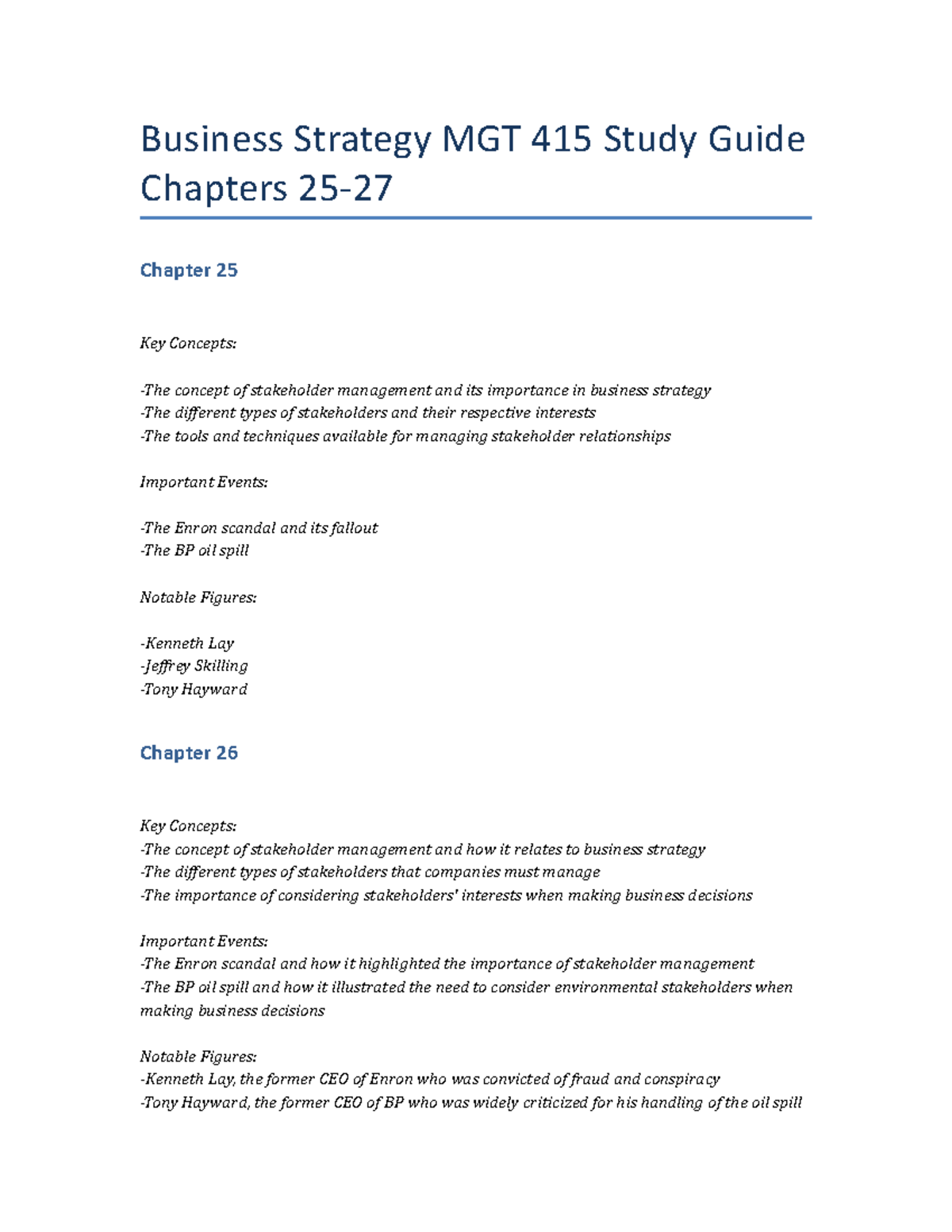 Business Strategy MGT 415 Study Guide Chapters 25-27 - Business ...