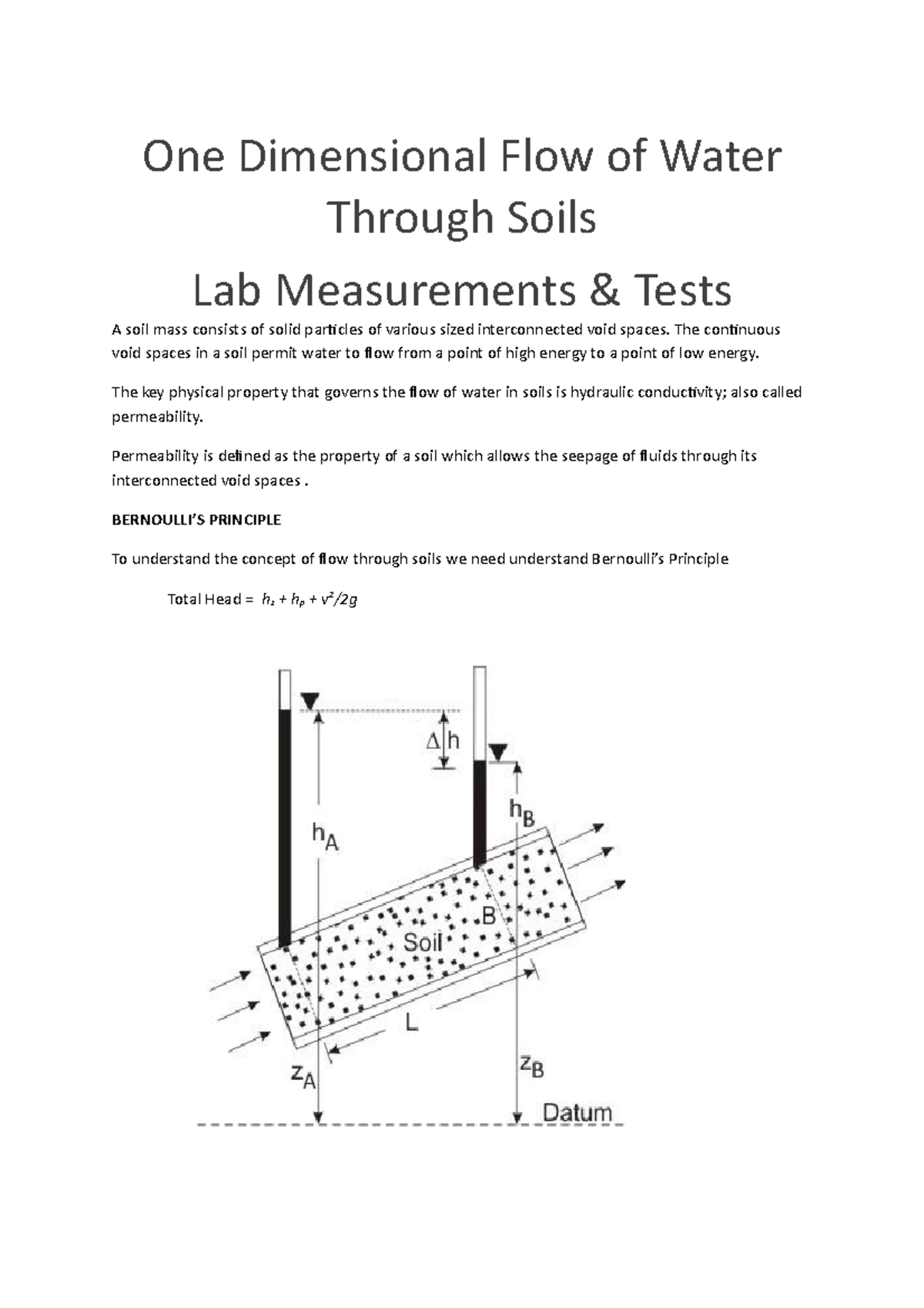 One Dimensional Flow of Water Through Soils One Dimensional Flow of