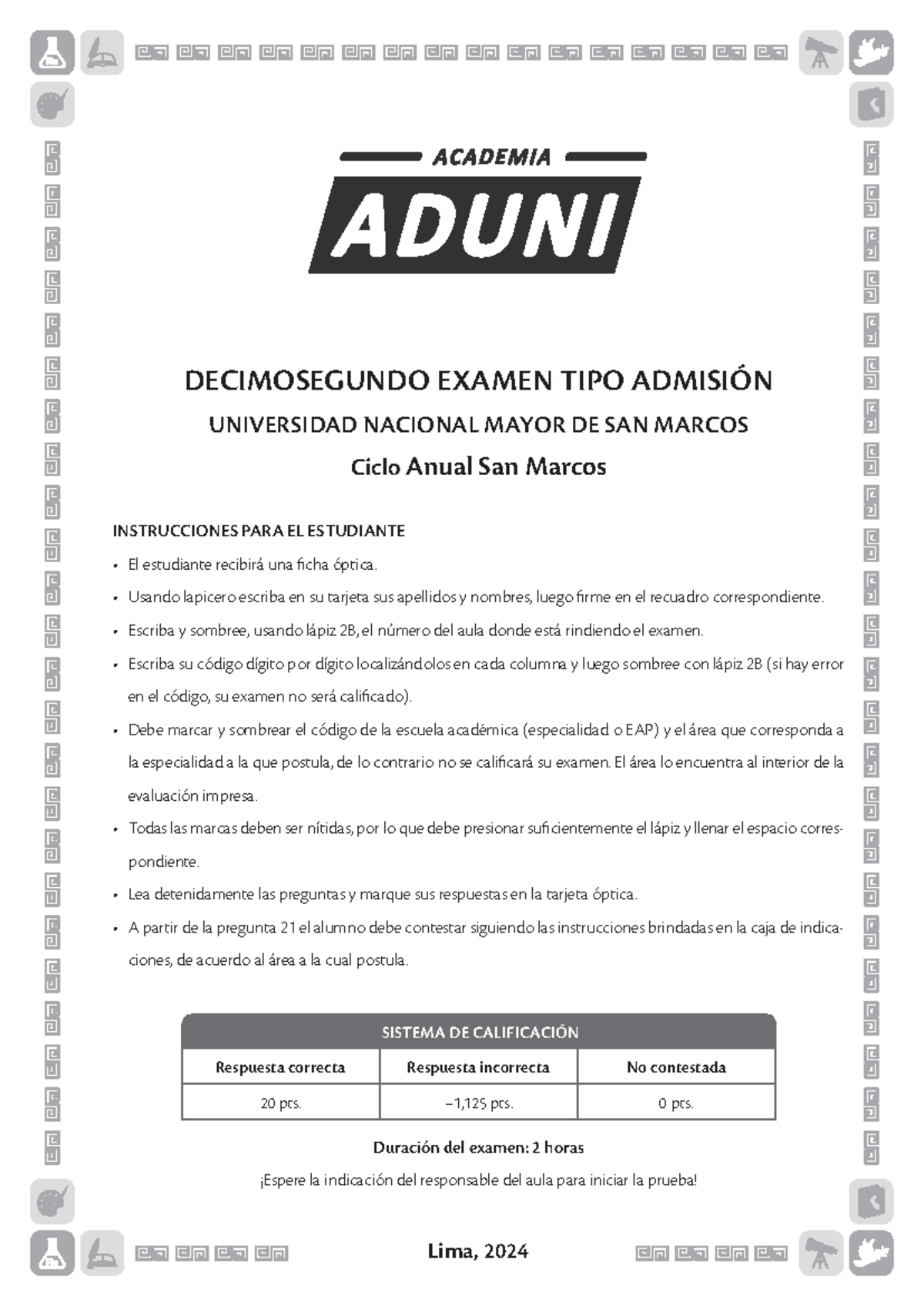 12 Ex Tipo Adm Unmsm ASM - ...... - DECIMOSEGUNDO EXAMEN TIPO ADMISIÓN ...