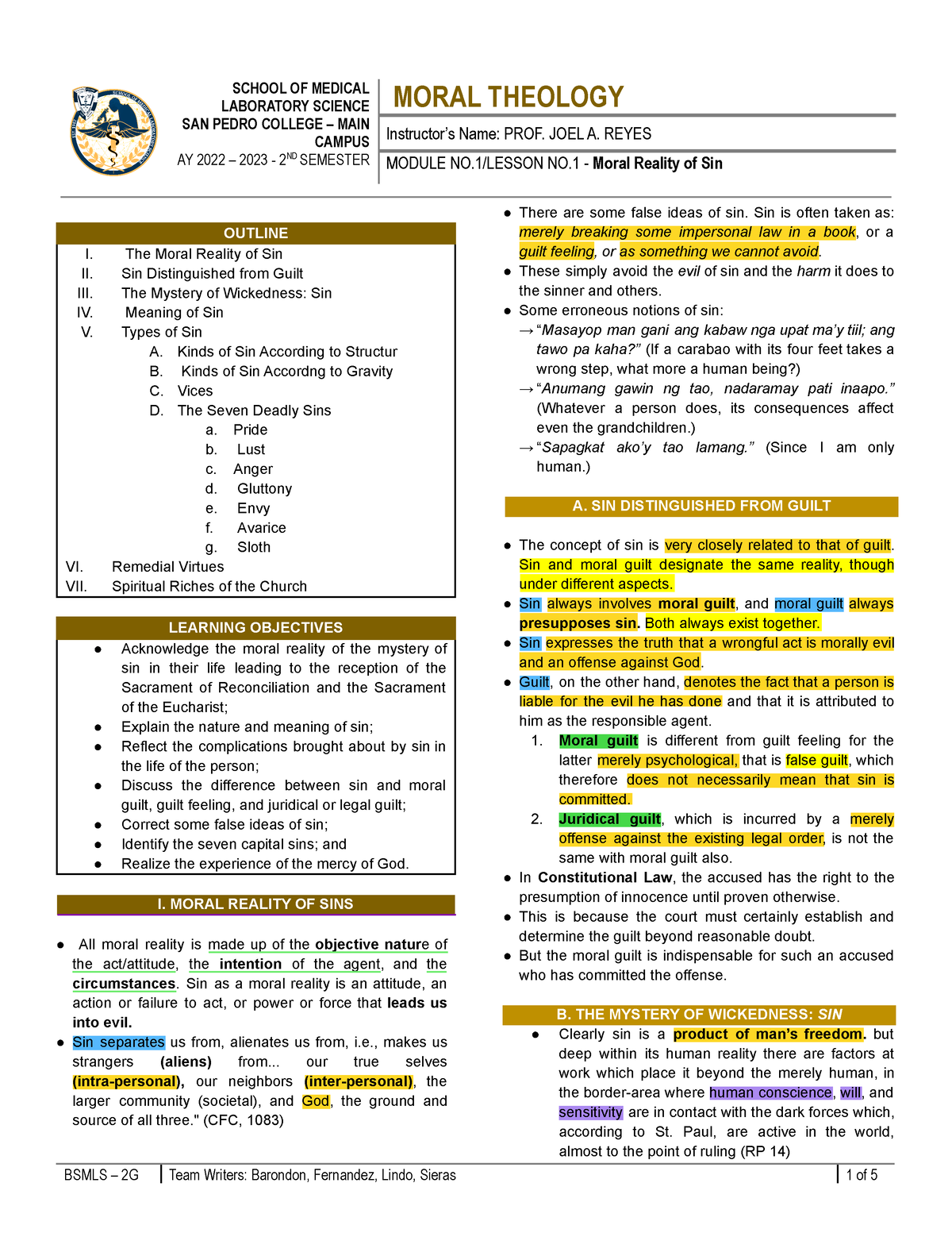 Moral Theology Midterms Compiled - LABORATORY SCIENCE MORAL THEOLOGY ...