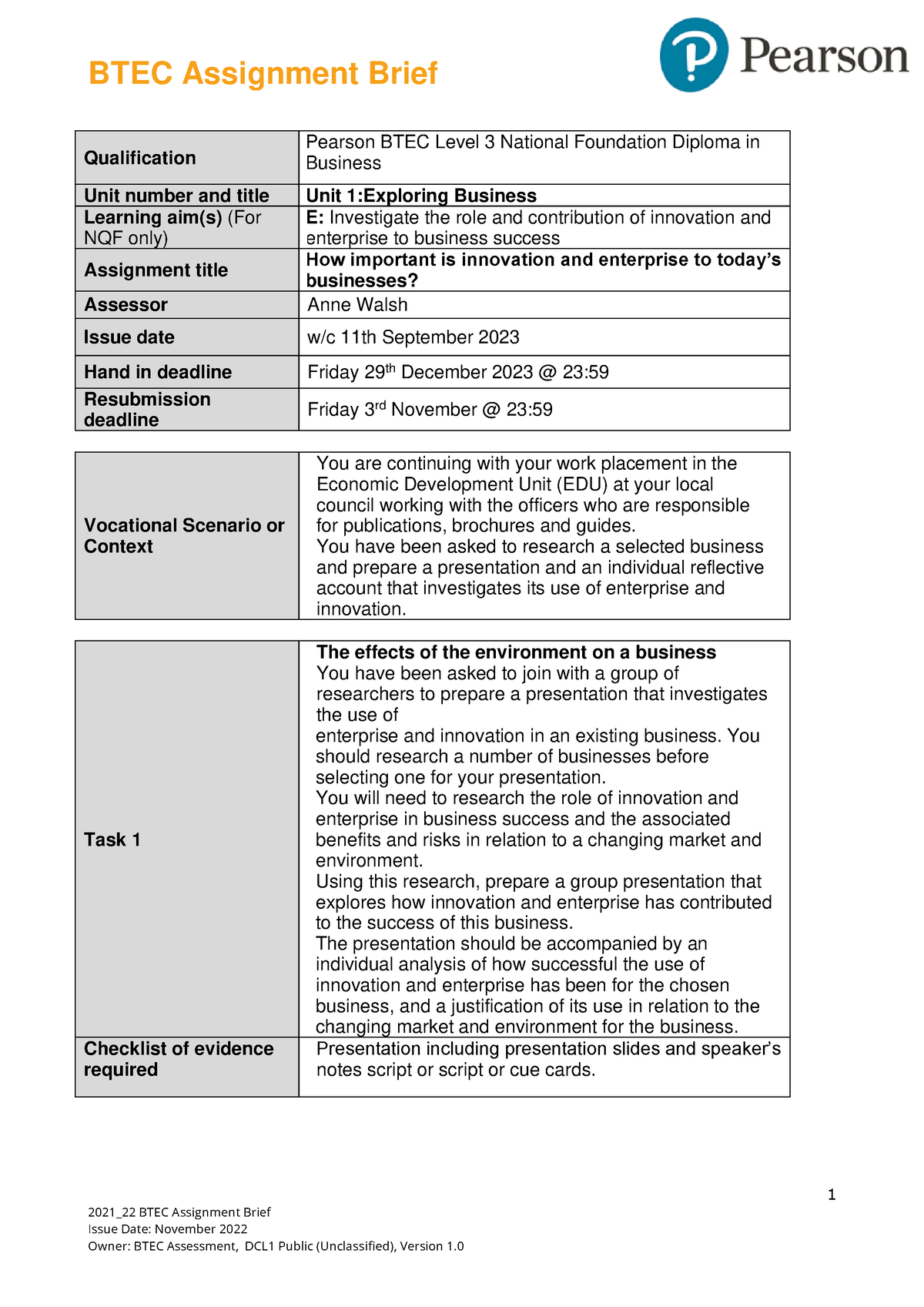 Assignment 3 - Learning Aim E 2023-24 (unit 1) - BTEC Assignment Brief ...