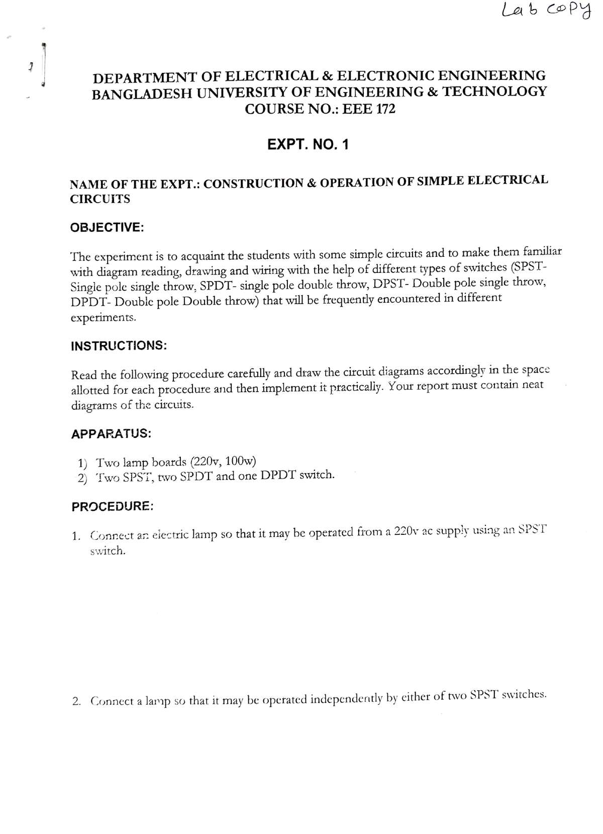 EEE 172 Labsheets - Lab CoPy DEPARTMENT OF ELECTRICAL & ELECTRONIC ...