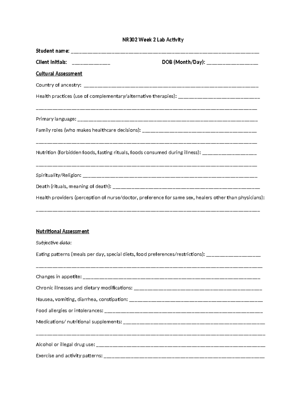 Week 2 Lab Activity Worksheet Jan24 - NR302 Week 2 Lab Activity Student ...