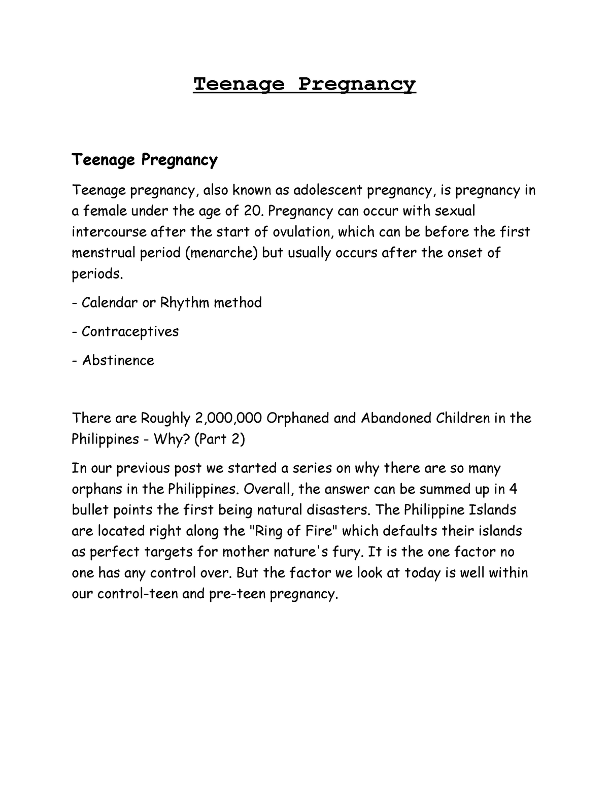teenage pregnancy in the philippines essay