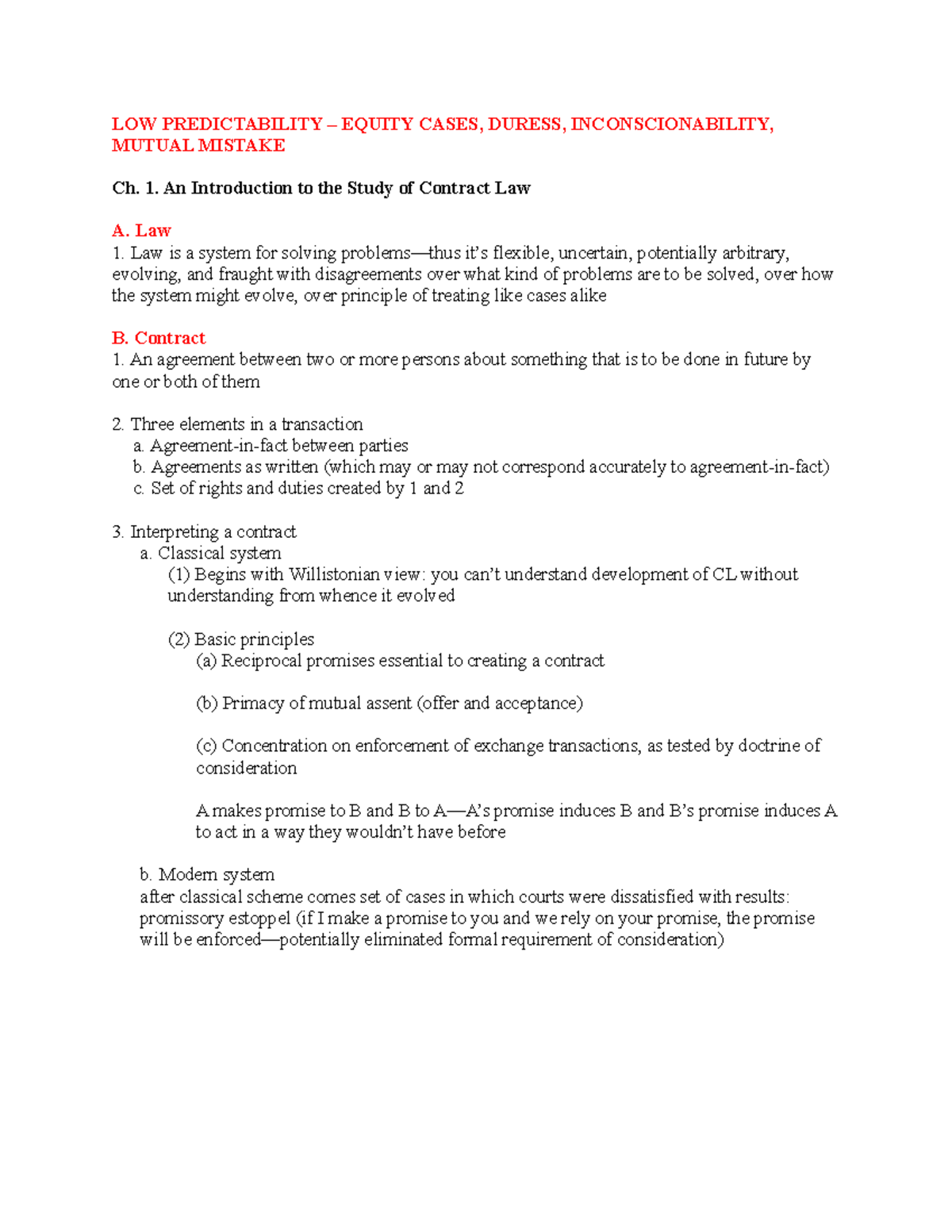 Contracts Law Outline - 2 - LOW PREDICTABILITY – EQUITY CASES, DURESS ...