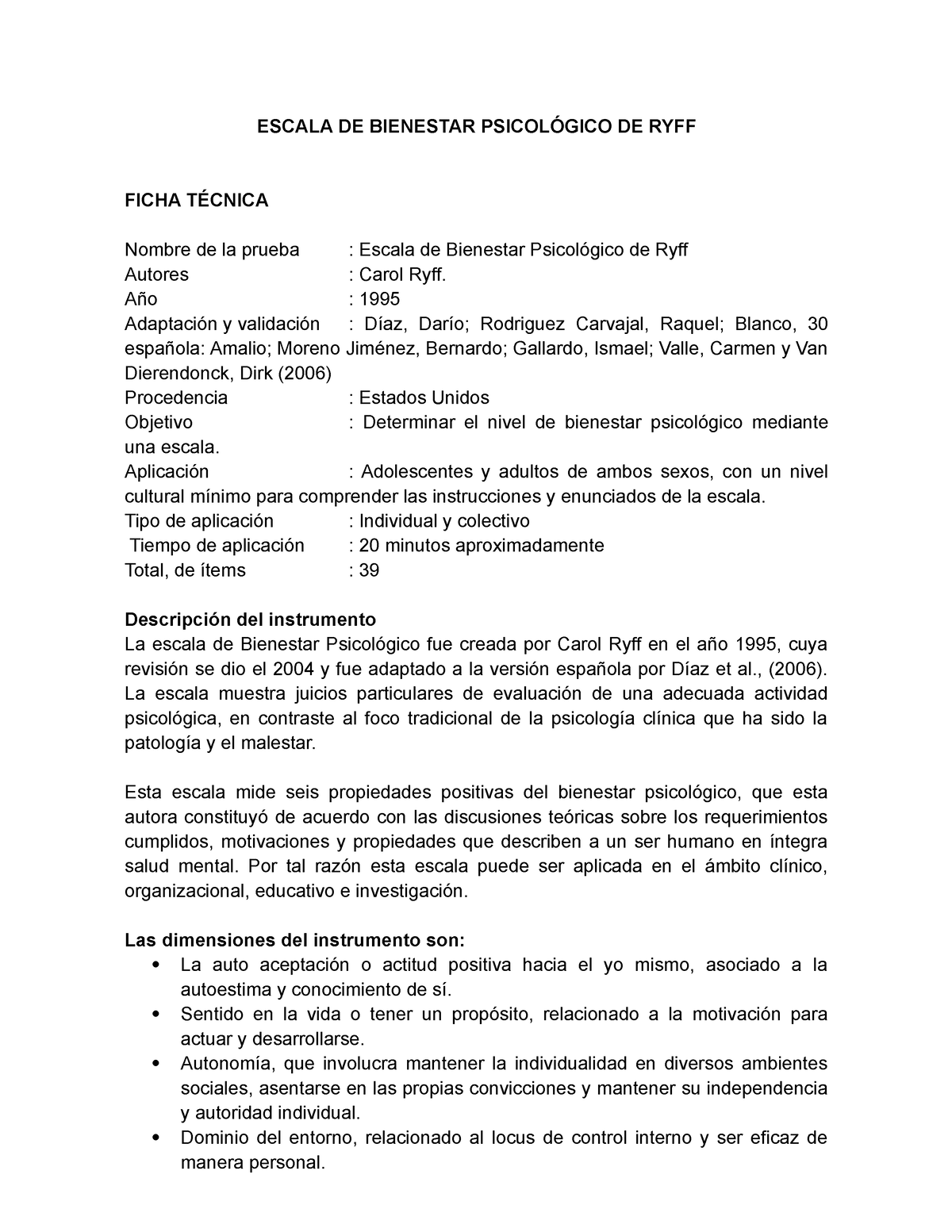 Escala De Bienestar Psicológico Ryff Escala De Bienestar PsicolÓgico De Ryff Ficha TÉcnica 7695