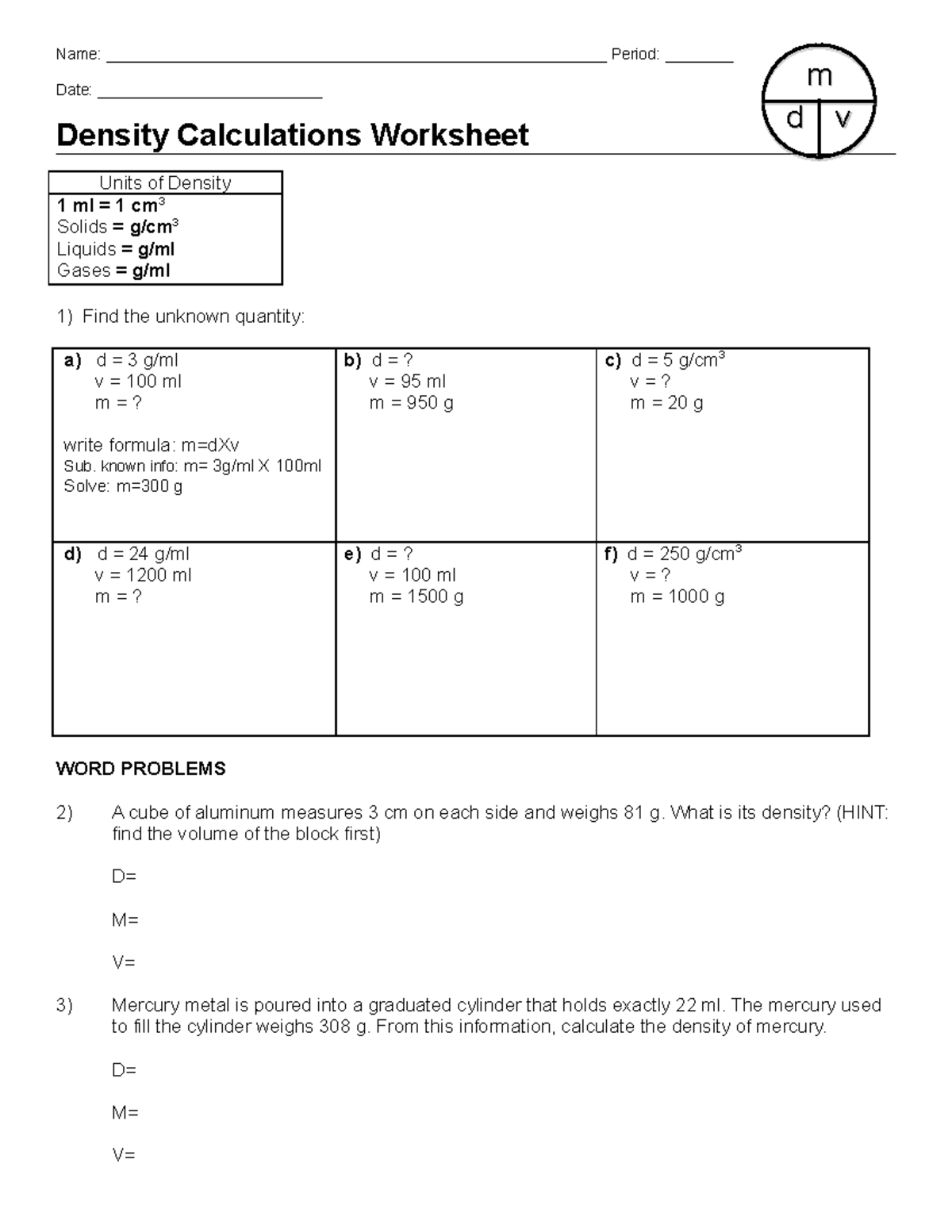 Density Calculations WS - Name: Period: - Studocu