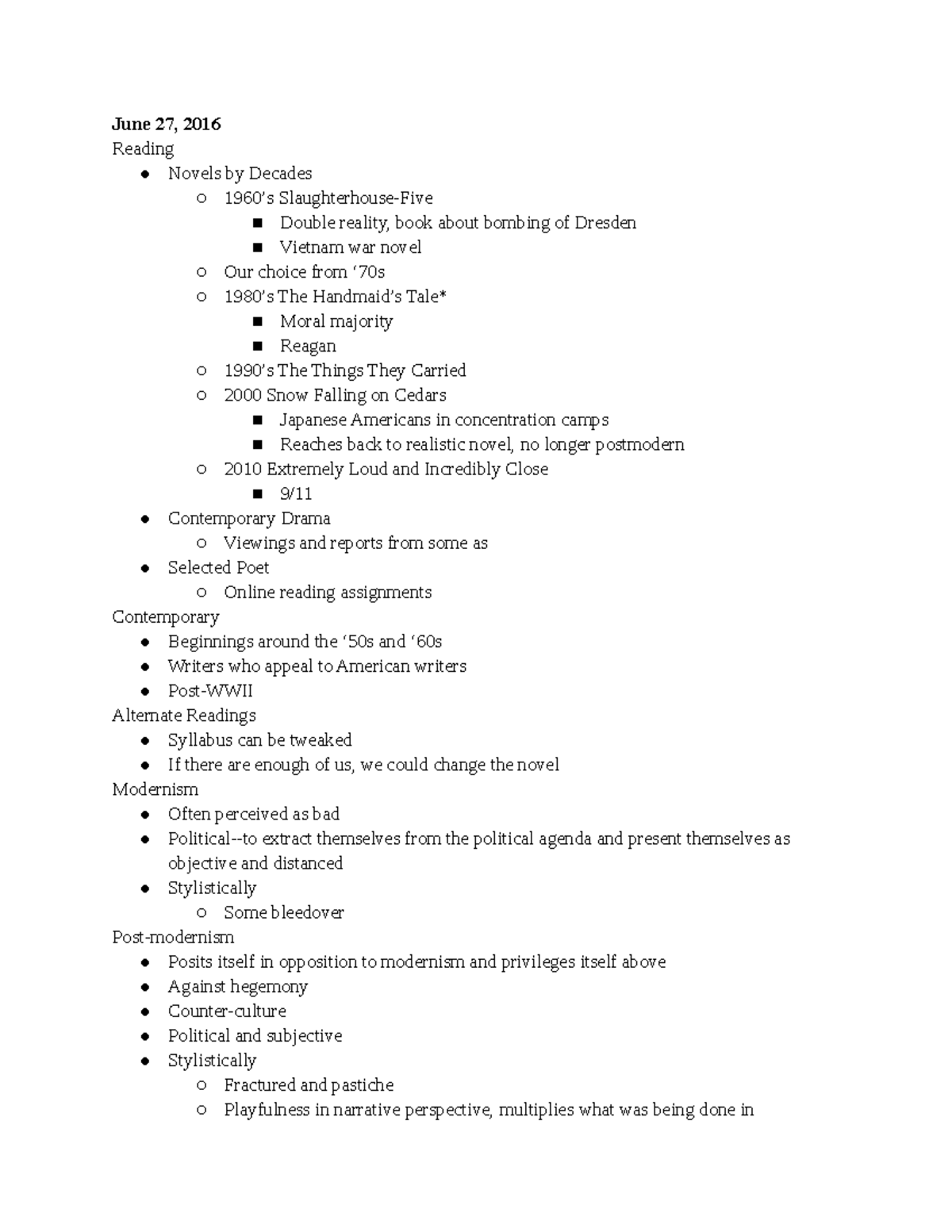 Contemporary American Literature Notes Part 1/2 - June 27, 2016 Reading ...