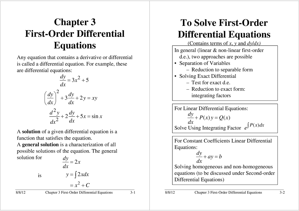 First Order Diff Equations Chapter 3 FirstOrder Differential Equations Any equation that