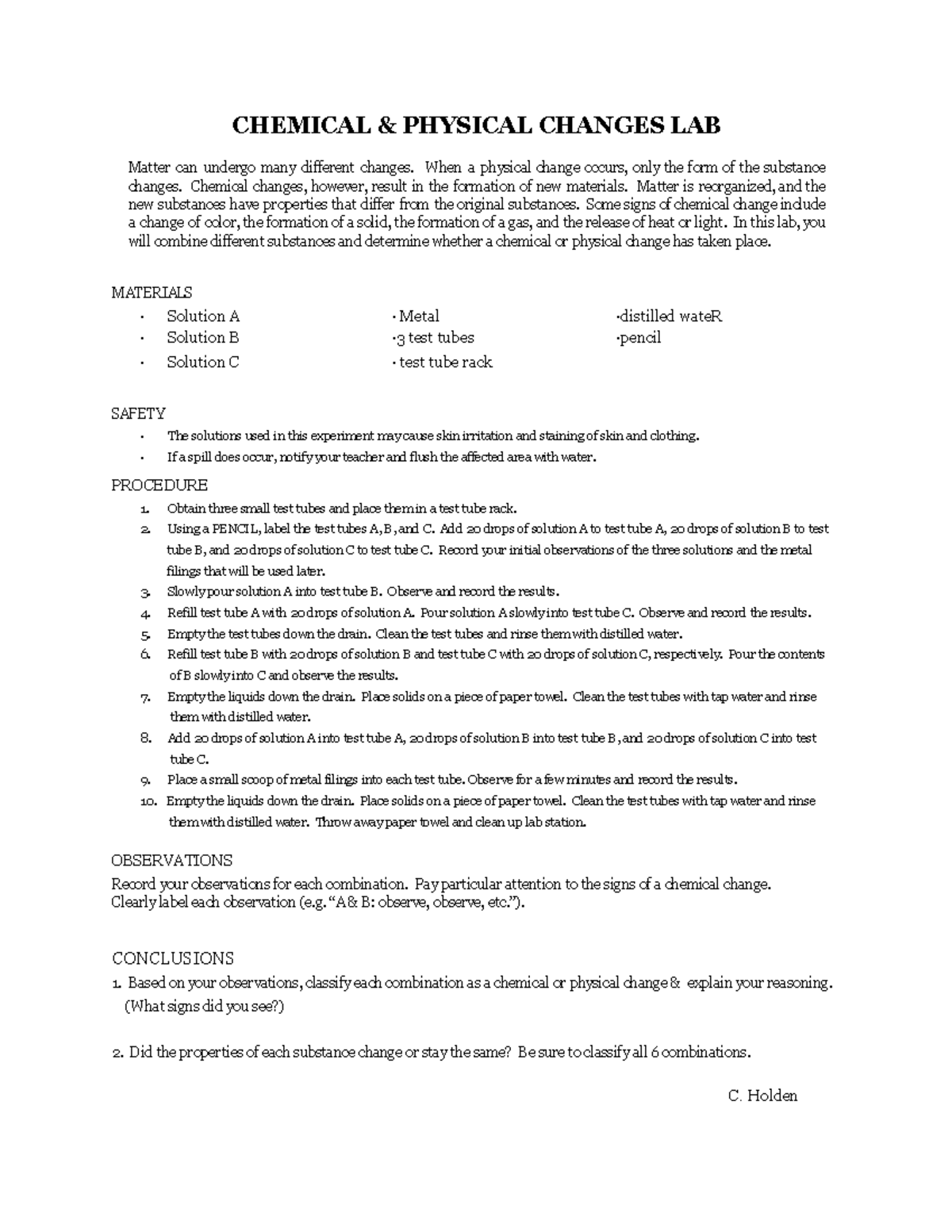 Chemical+&+ Physical+ Changes+LAB-Student+Instructions+(1) - CHEMICAL ...