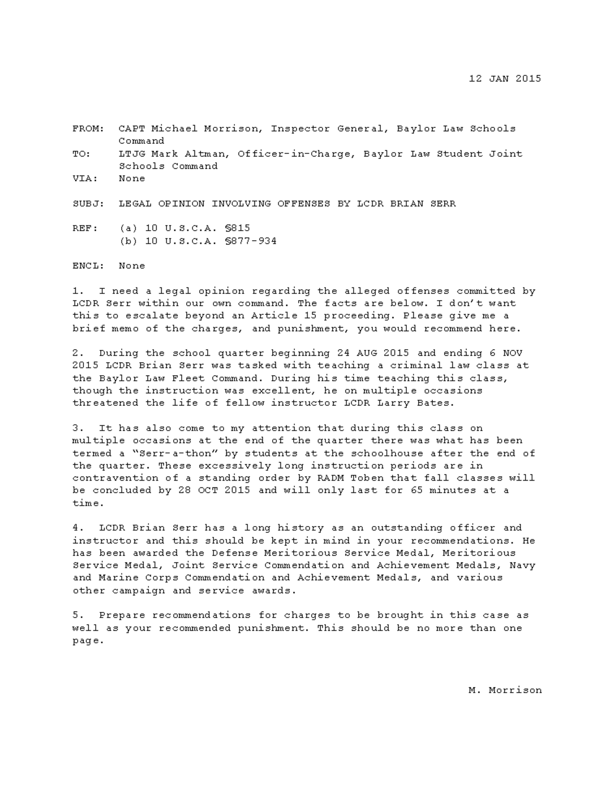 Example Fact Pattern - Outlines - 12 JAN 2015 FROM: CAPT Michael ...