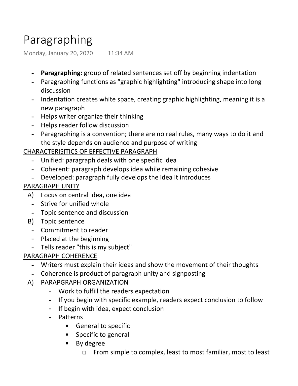 Paragraphing - Writ 1024 - Paragraphing: group of related sentences set ...