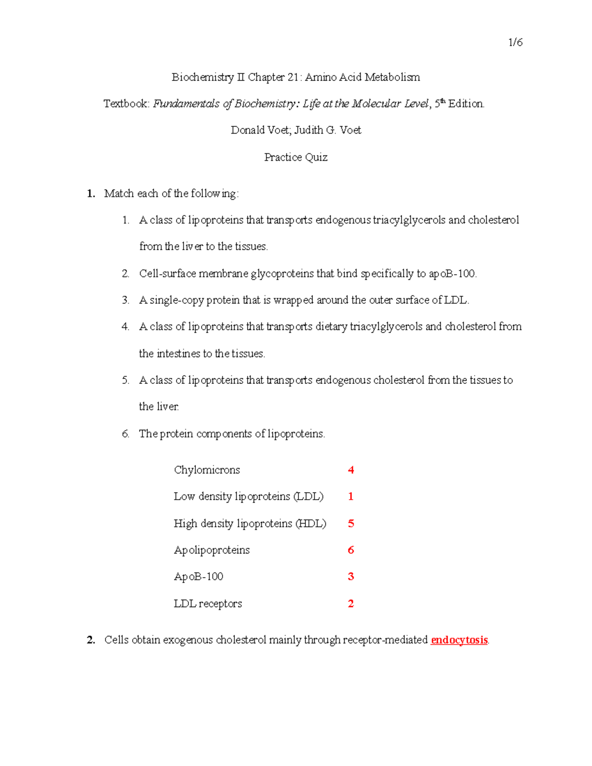 Chapter 21 Amino Acid Metabolism Practice Quiz Biochemistry II
