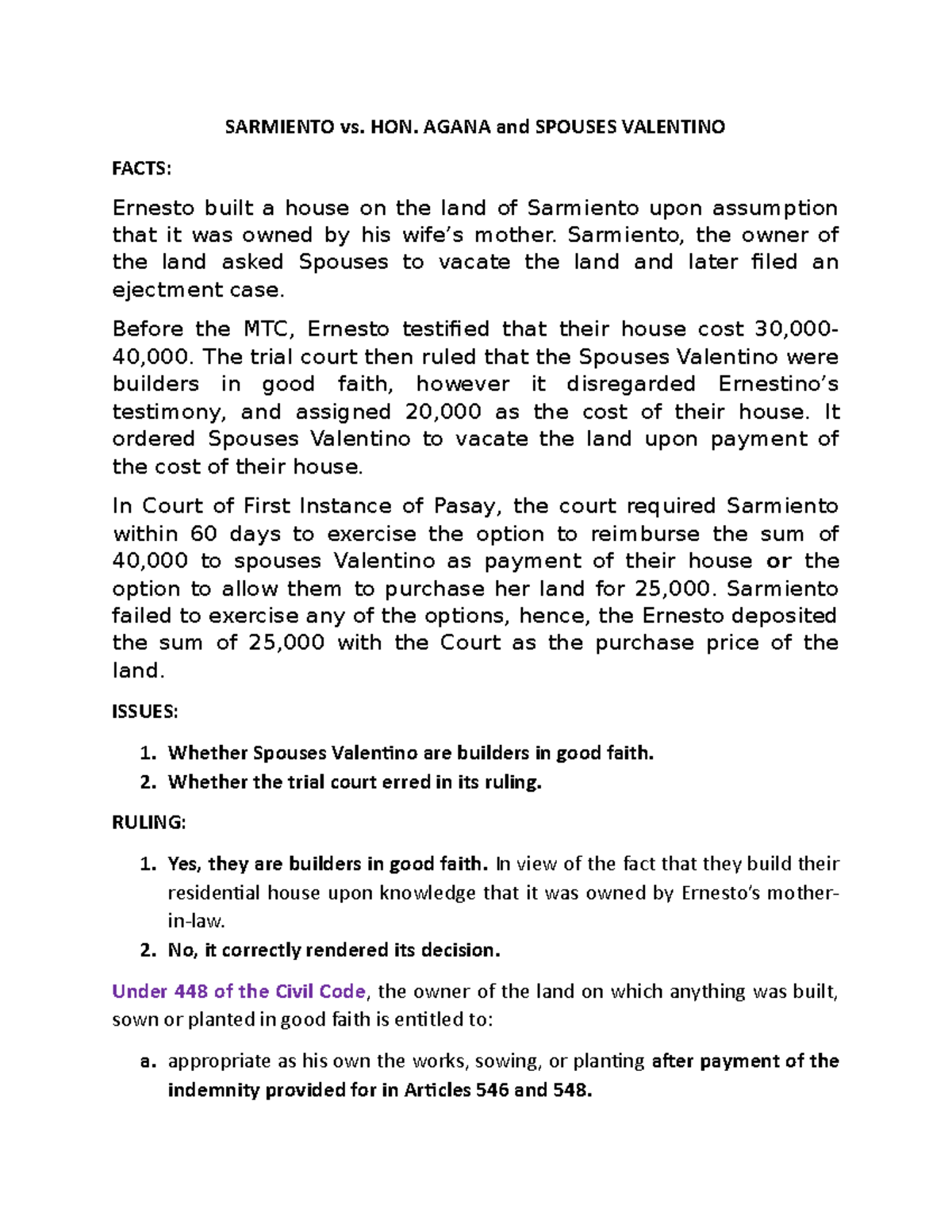 Sarmiento vs. Agana Case Digest Property SARMIENTO vs. HON. AGANA