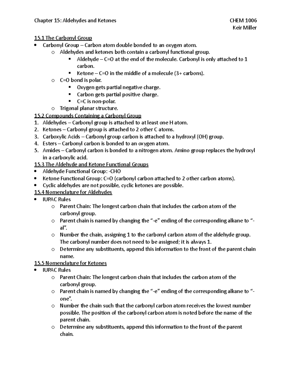 Chapter 15 Notes - Peter Cadieux - Chapter 15: Aldehydes and Ketones ...
