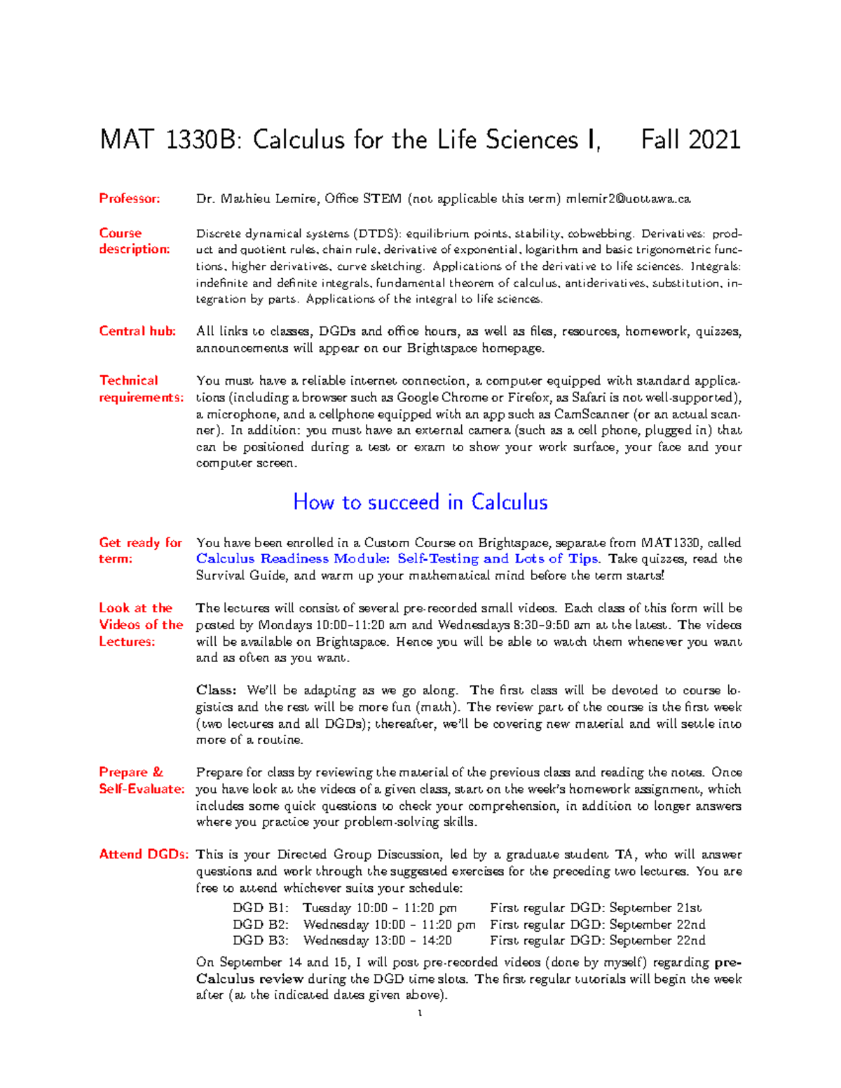 Syllabus MAT1330 Fall 2021 - MAT 1330B: Calculus for the Life Sciences ...