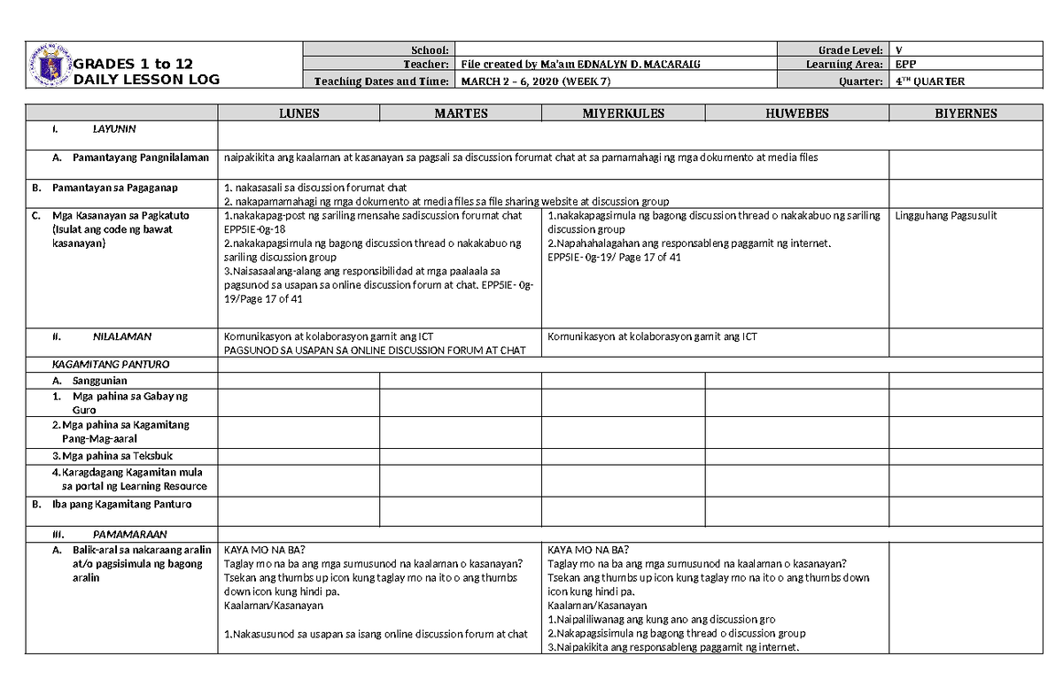DLL EPP 5 Q4 W7 - dll - GRADES 1 to 12 DAILY LESSON LOG School: Grade ...