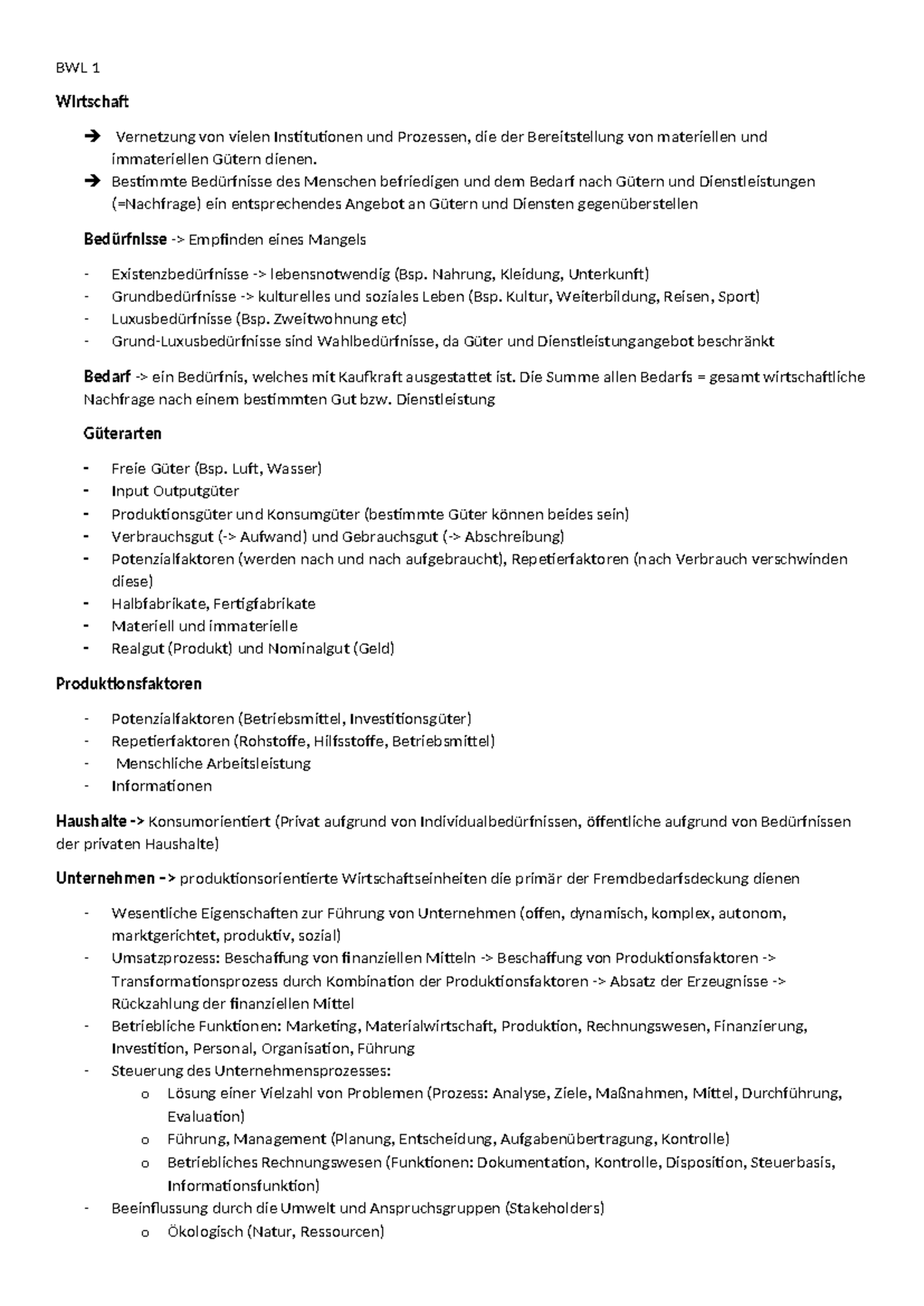 BWL 1 - Zusammenfassung BWL I - Grundlagen - BWL 1 Wirtschaft ...